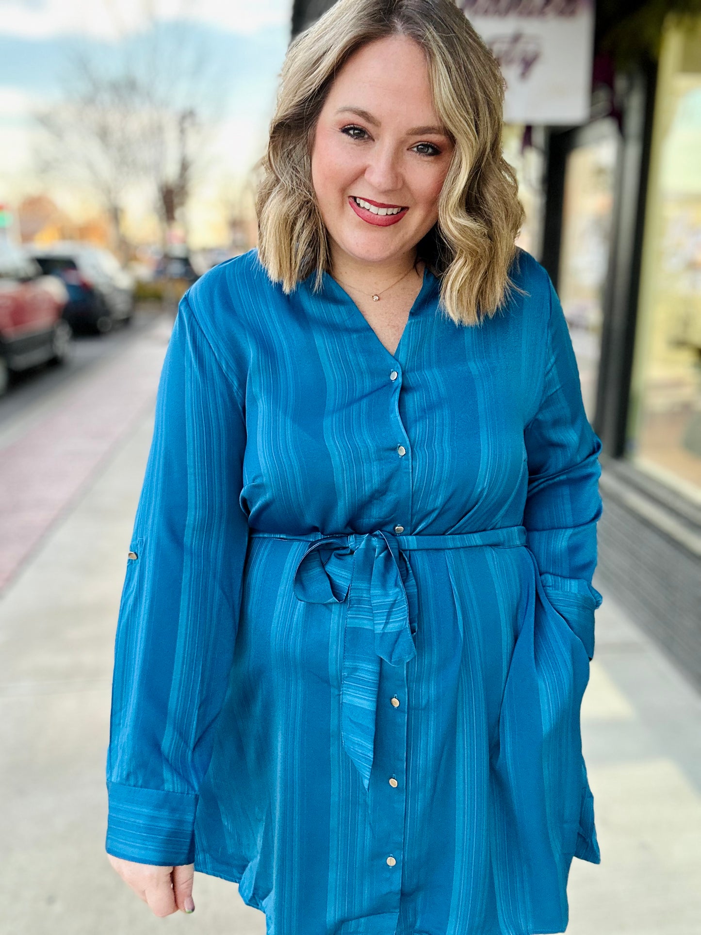 Tina Texture Satin Shirt Dress in Blue
