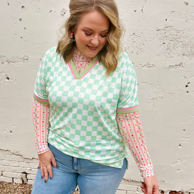Mint Green Checkered V-Neck