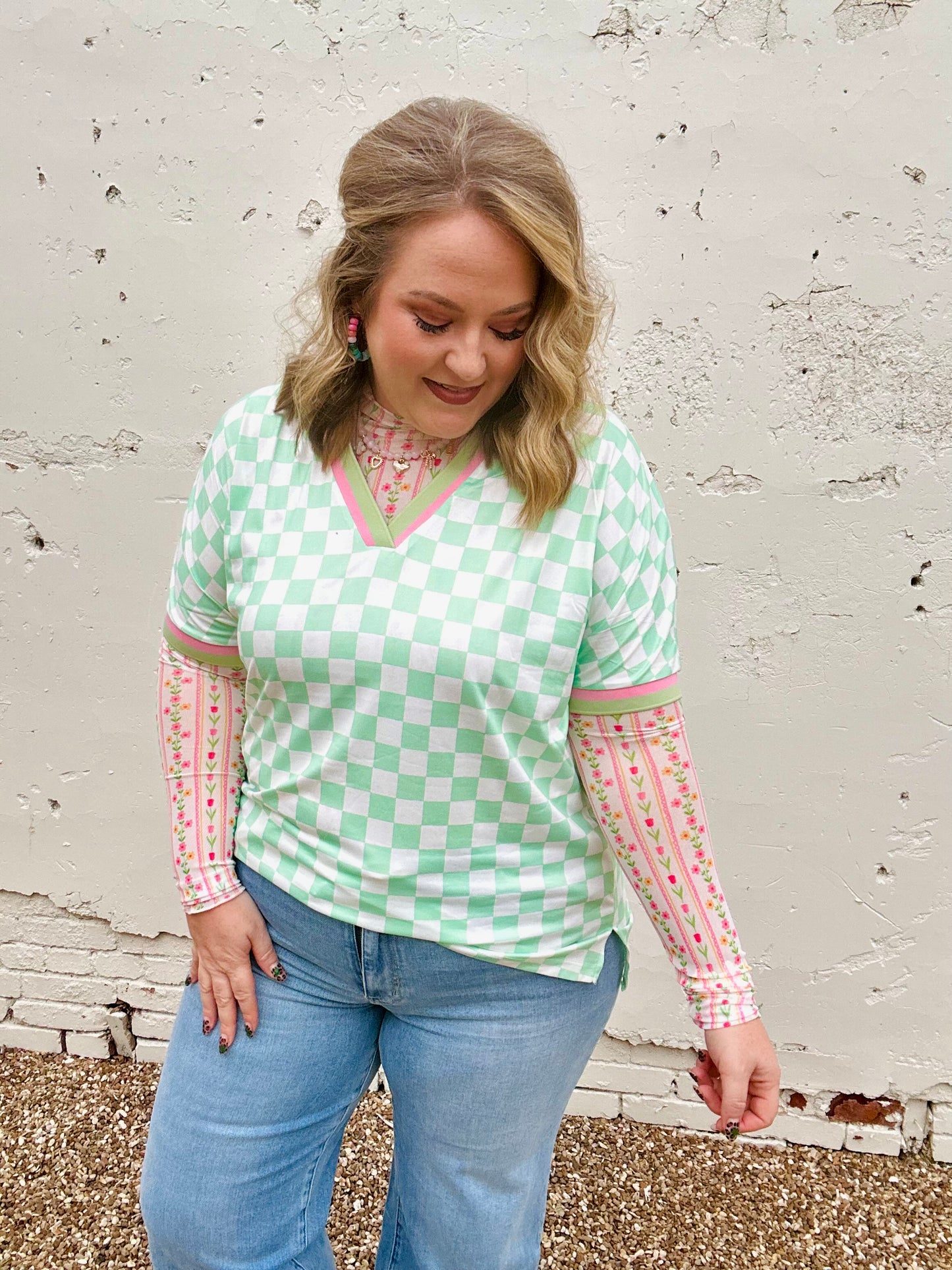 Mint Green Checkered V-Neck