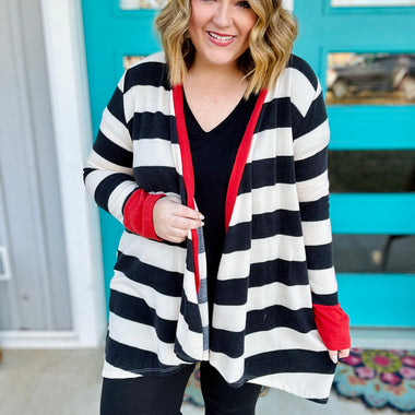 Nelly Striped Draped Cardigan in Black & Red