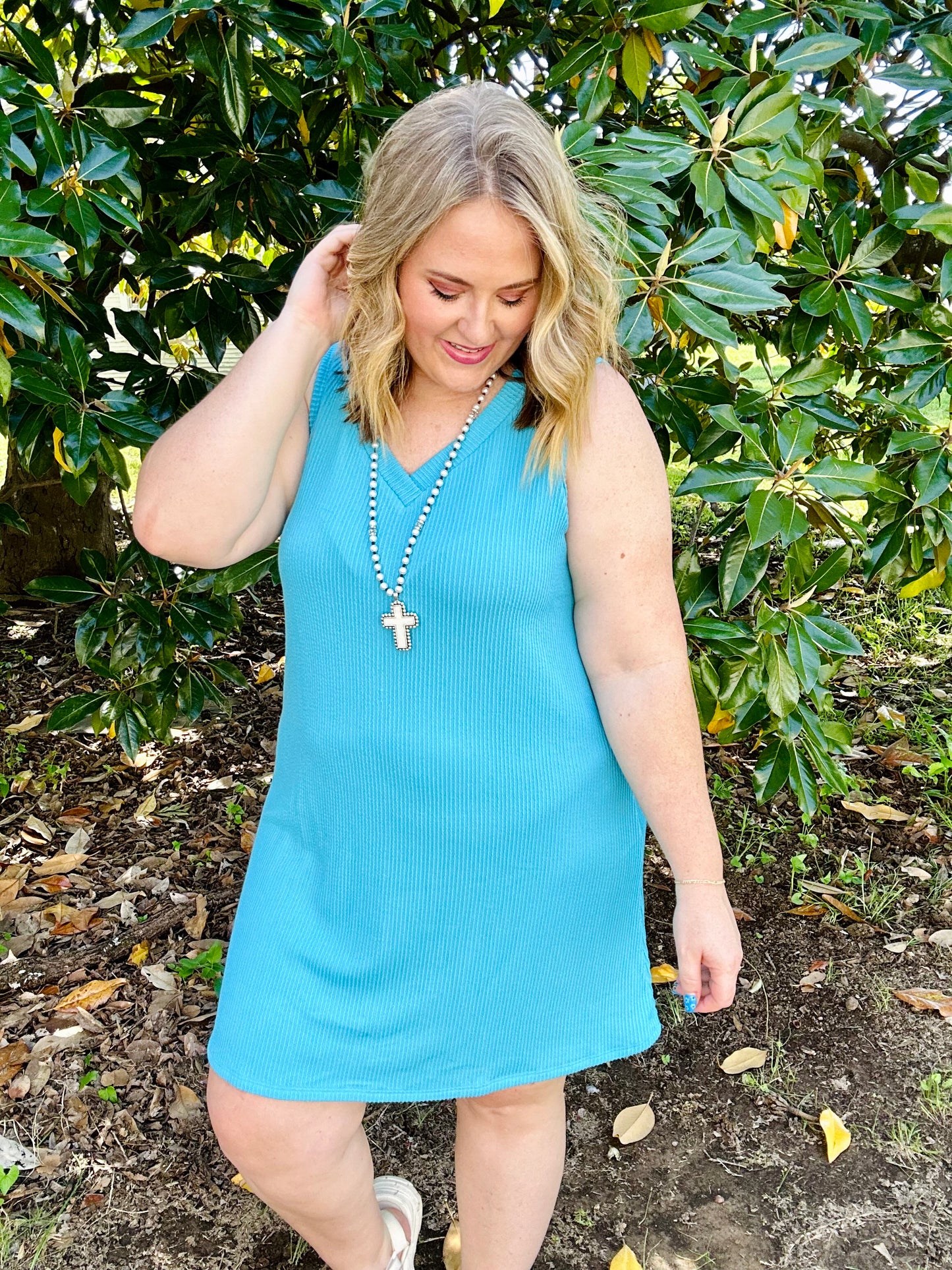 Penny V-Neck Ribbed Dress in Blue