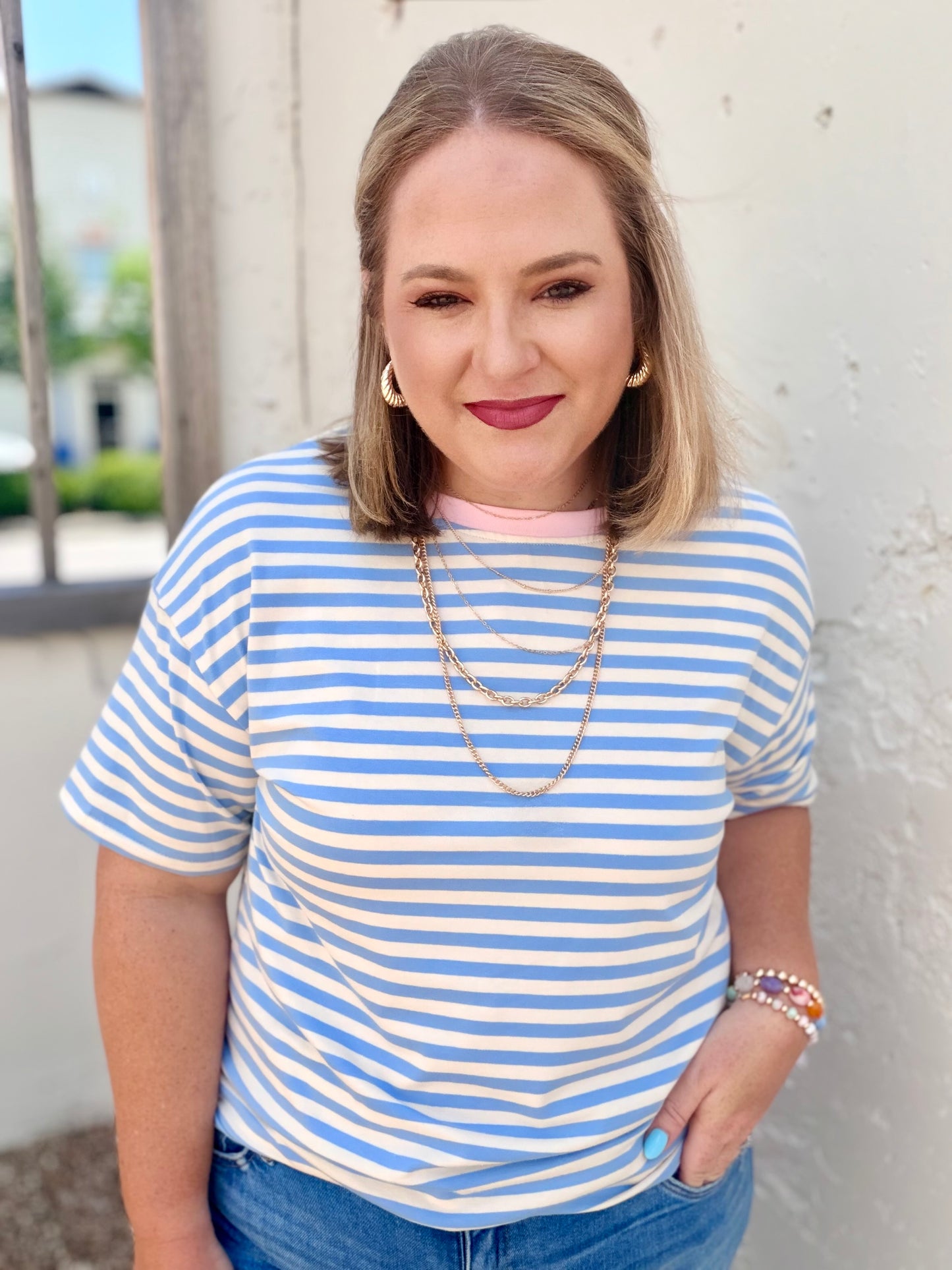 Stripe Contrast Crew Neck Drop Shoulder Tee