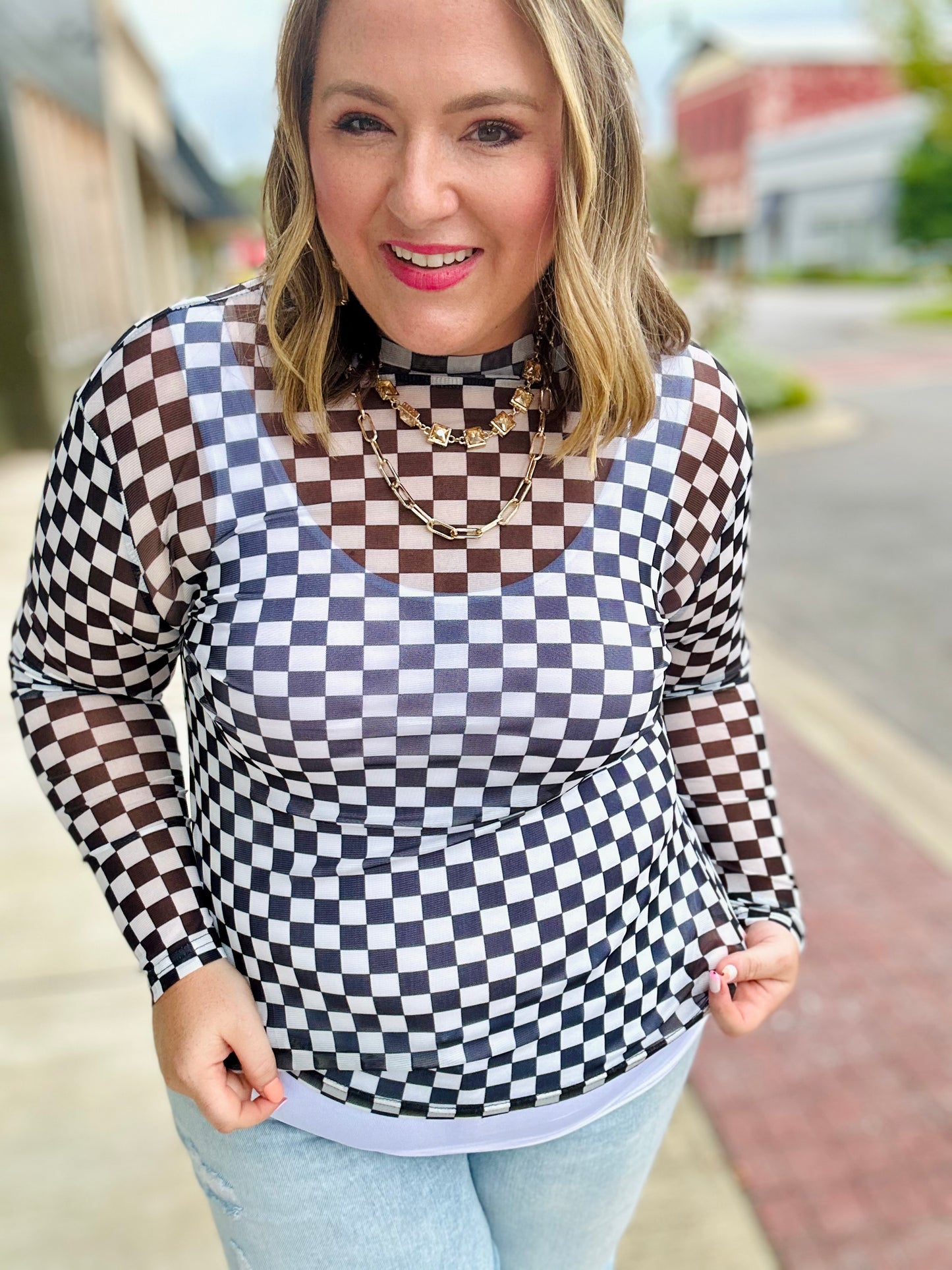 Black Checkered Mesh Top