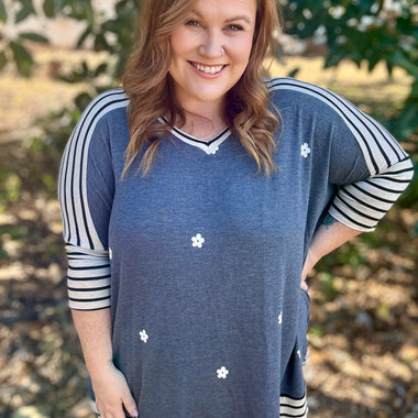 Katie Mixed Print Top In Denim