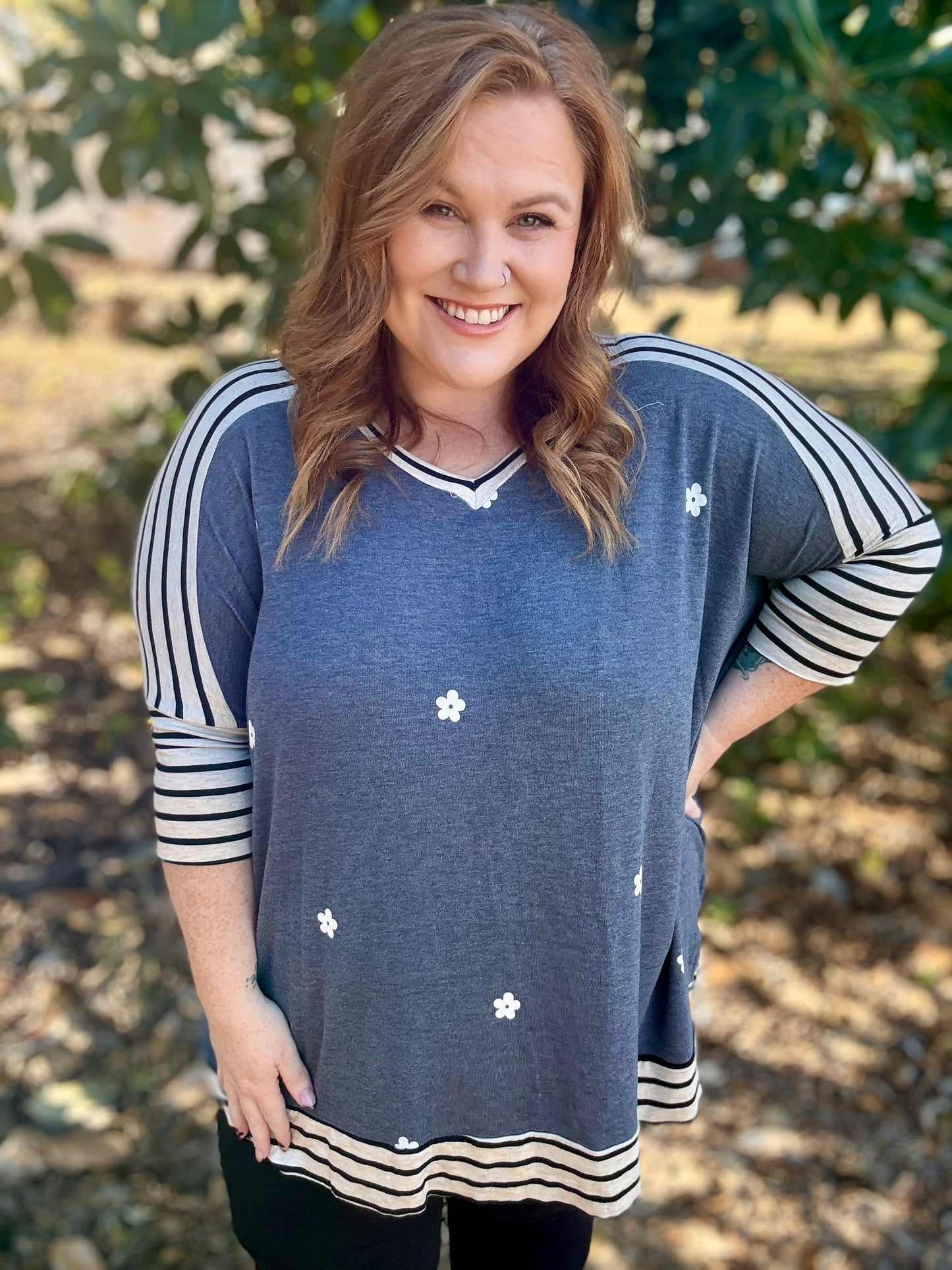 Katie Mixed Print Top In Denim