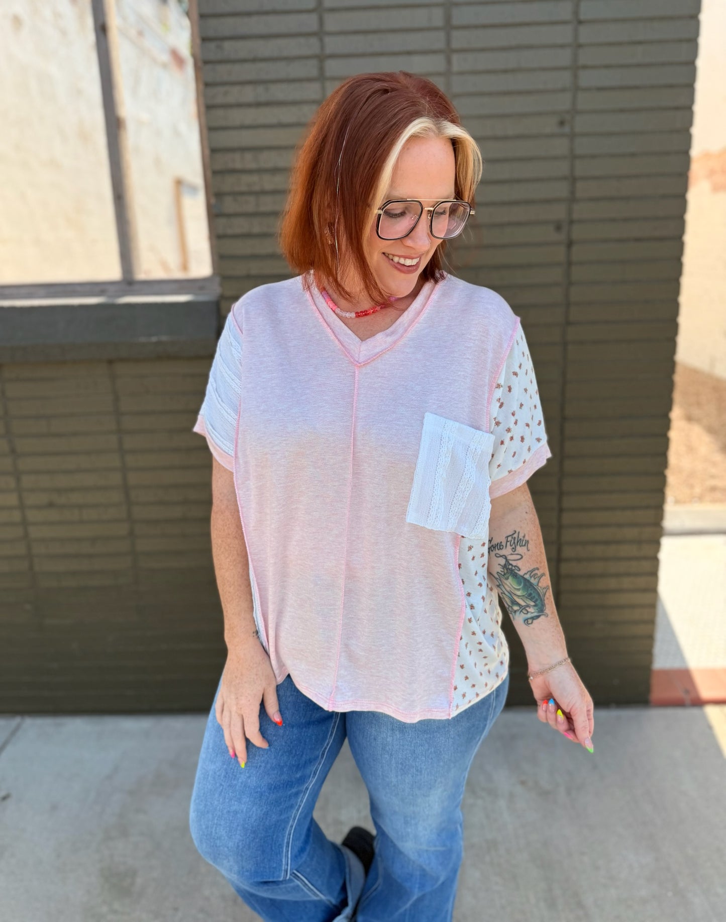 Lilah Patchwork V neck Top