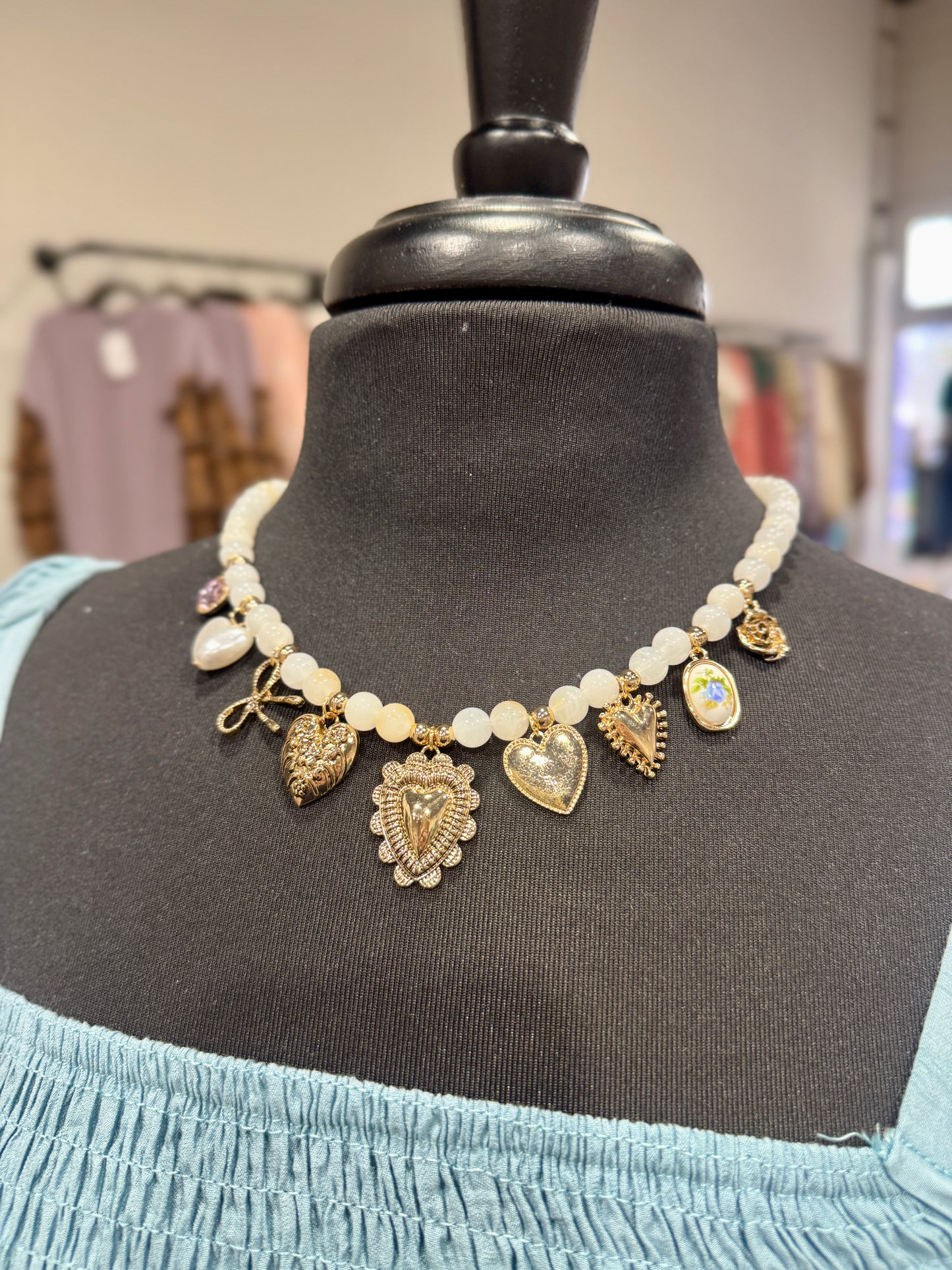 White Beaded Charm Necklace