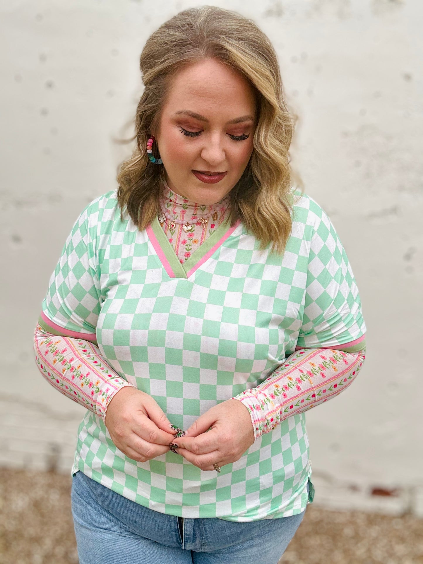 Mint Green Checkered V-Neck
