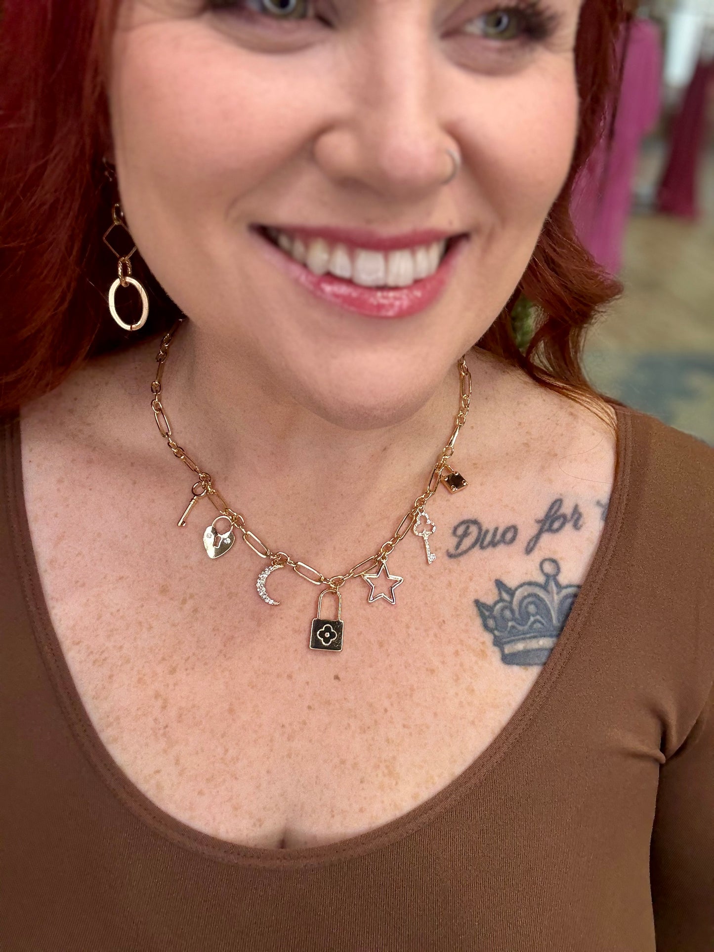 Lock & Key chain Link Charm Necklace