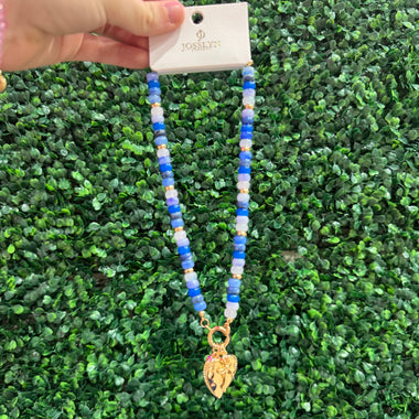 Beaded Porcelain Heart Charm Necklace -Blue
