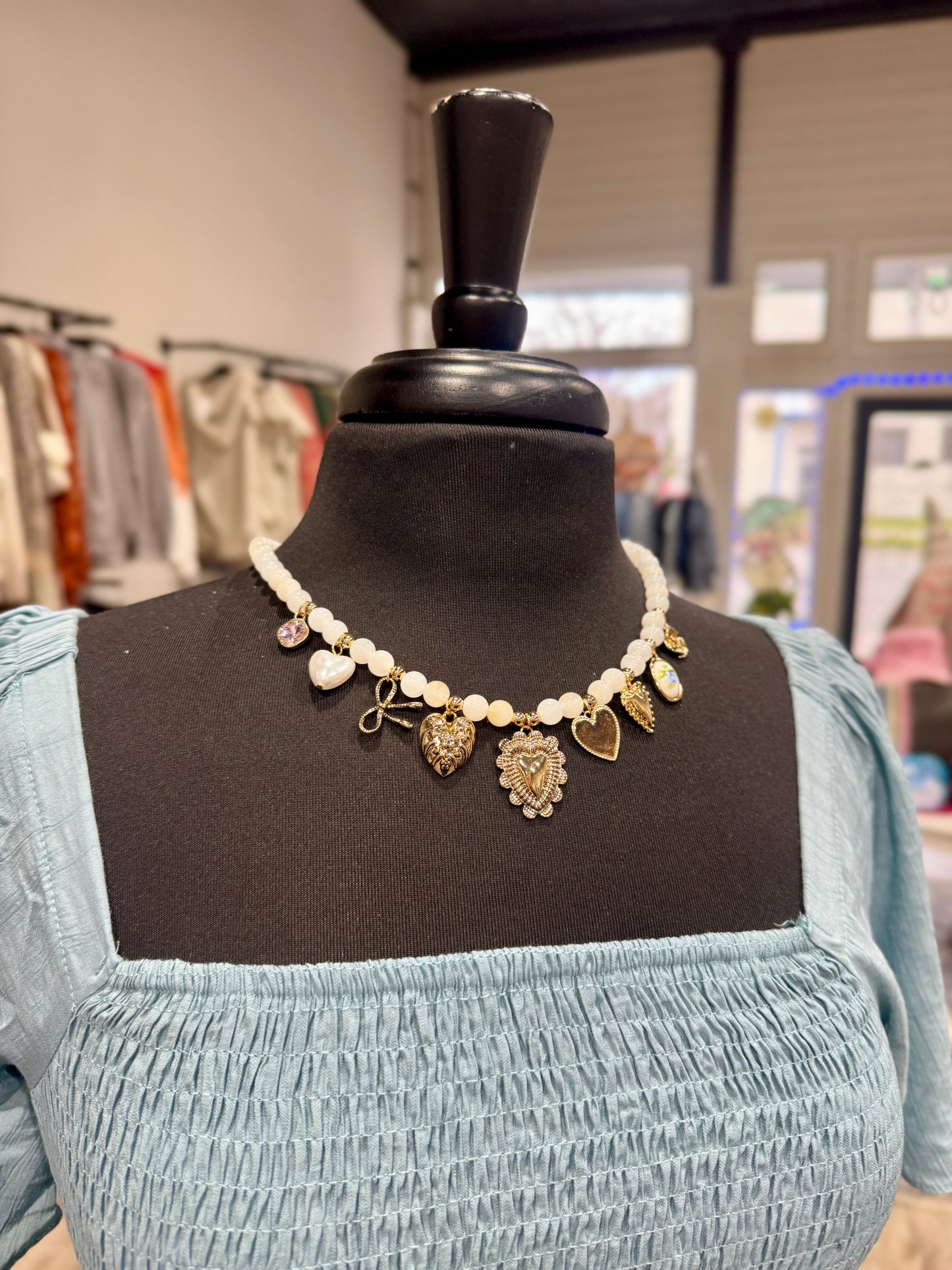 White Beaded Charm Necklace