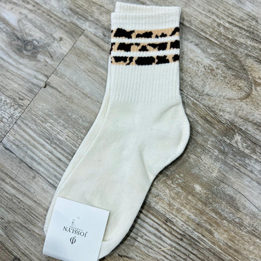 Leopard Half Crew Socks in Off White