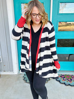 Nelly Striped Draped Cardigan in Black & Red