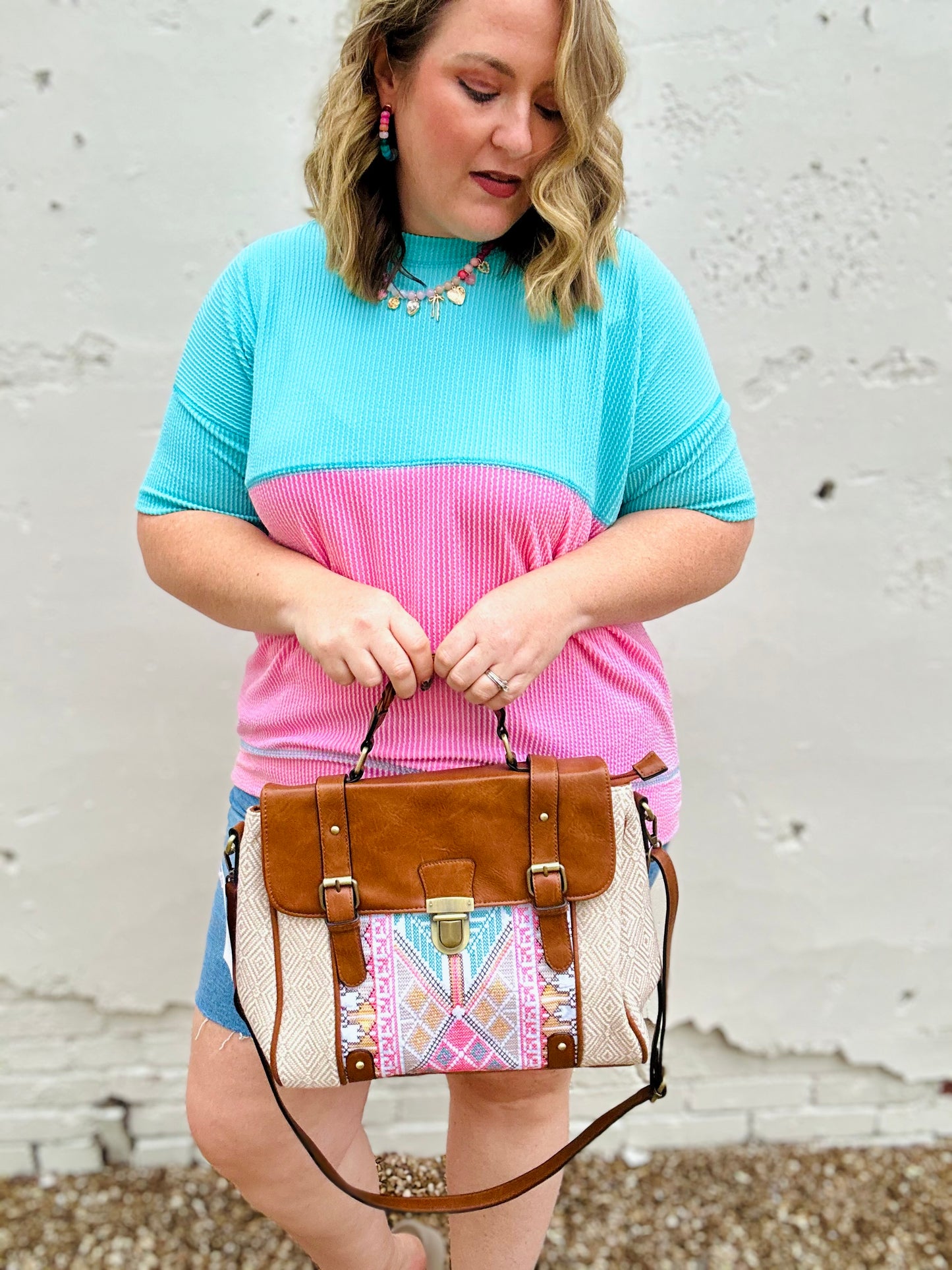 Harlow Aztec Embroidered Satchel in Taupe