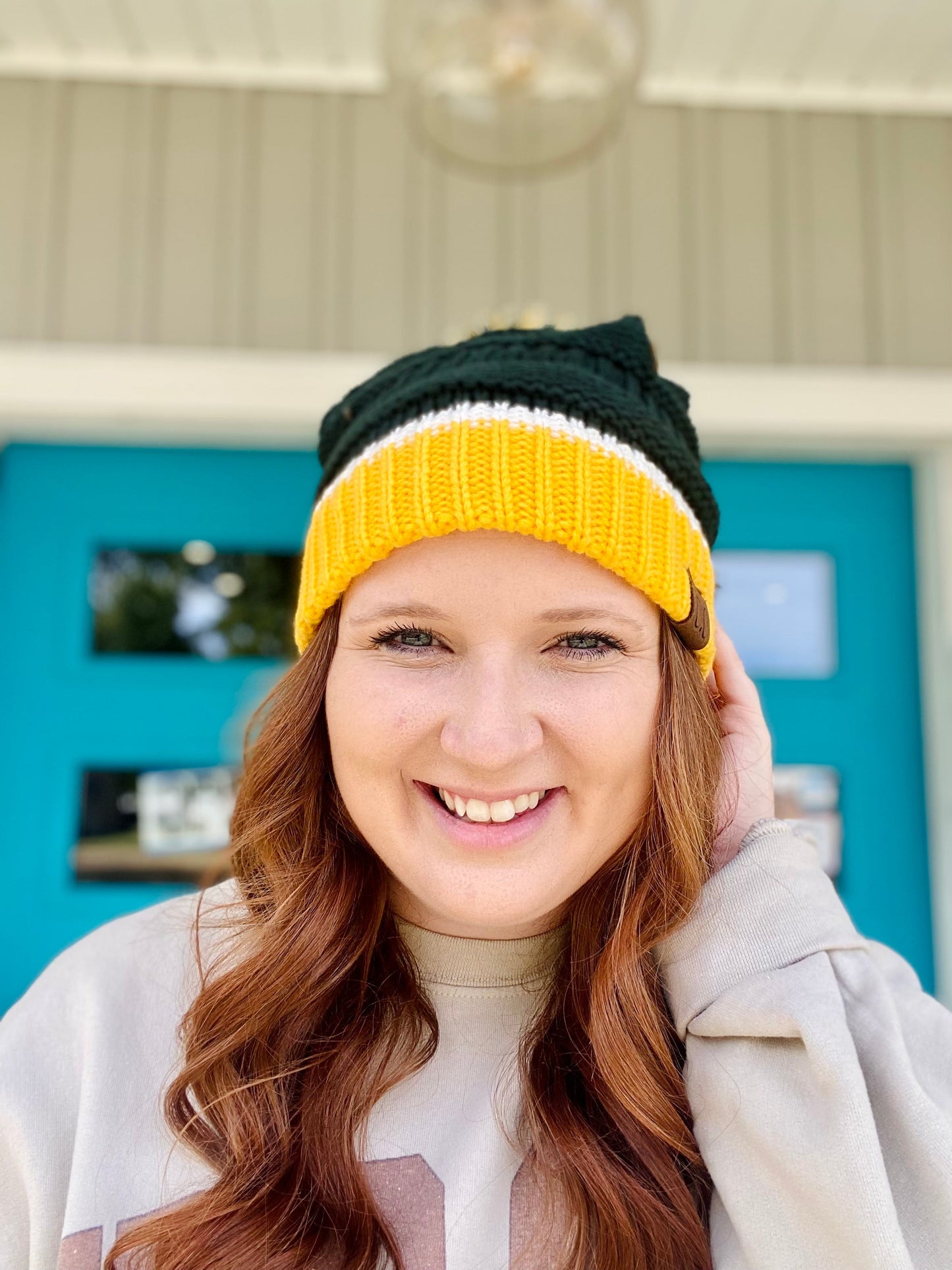 Green and Yellow CC Knit Beanie with Pom