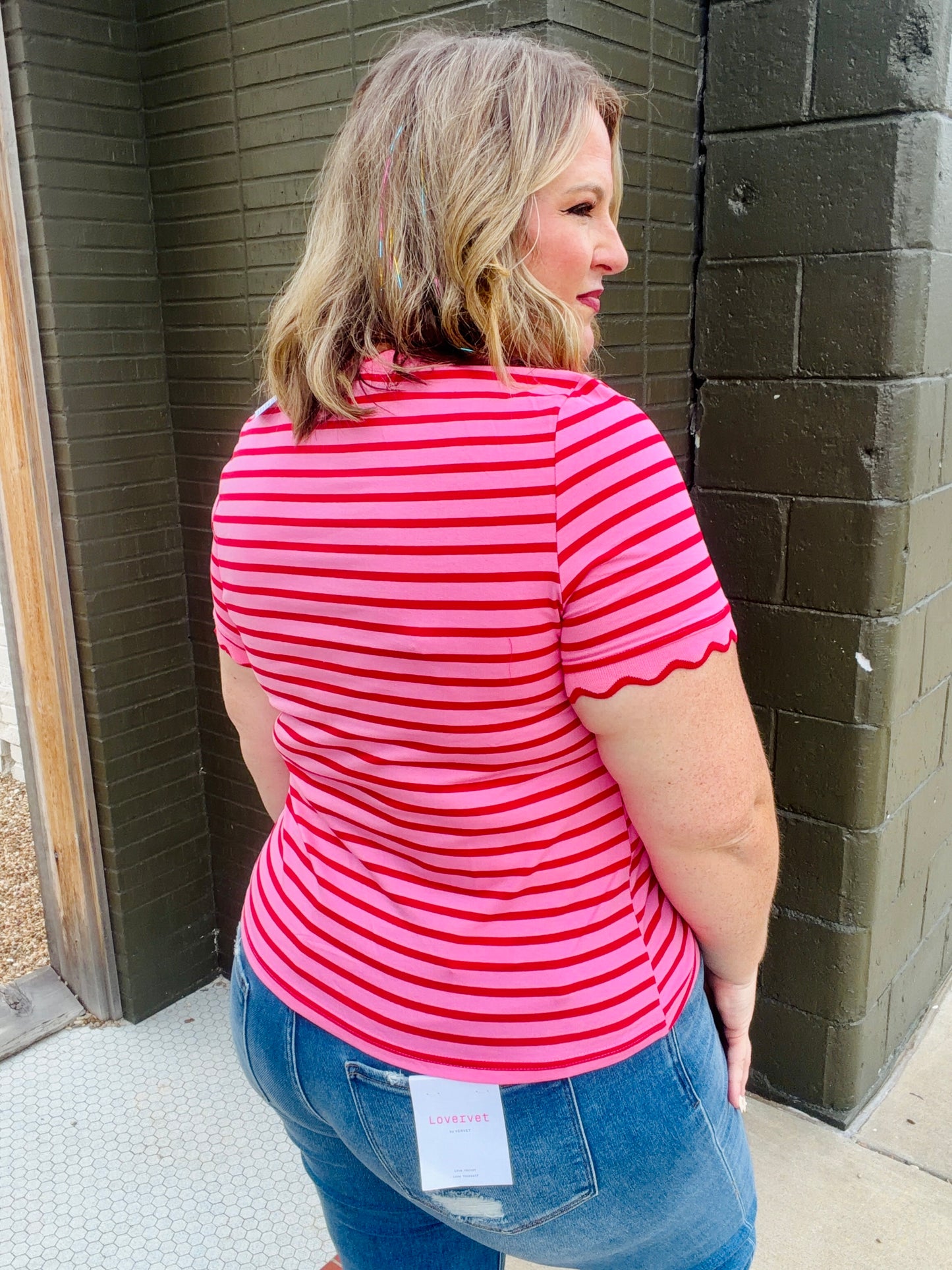 Lennie Stripe Scalloped Top in Red