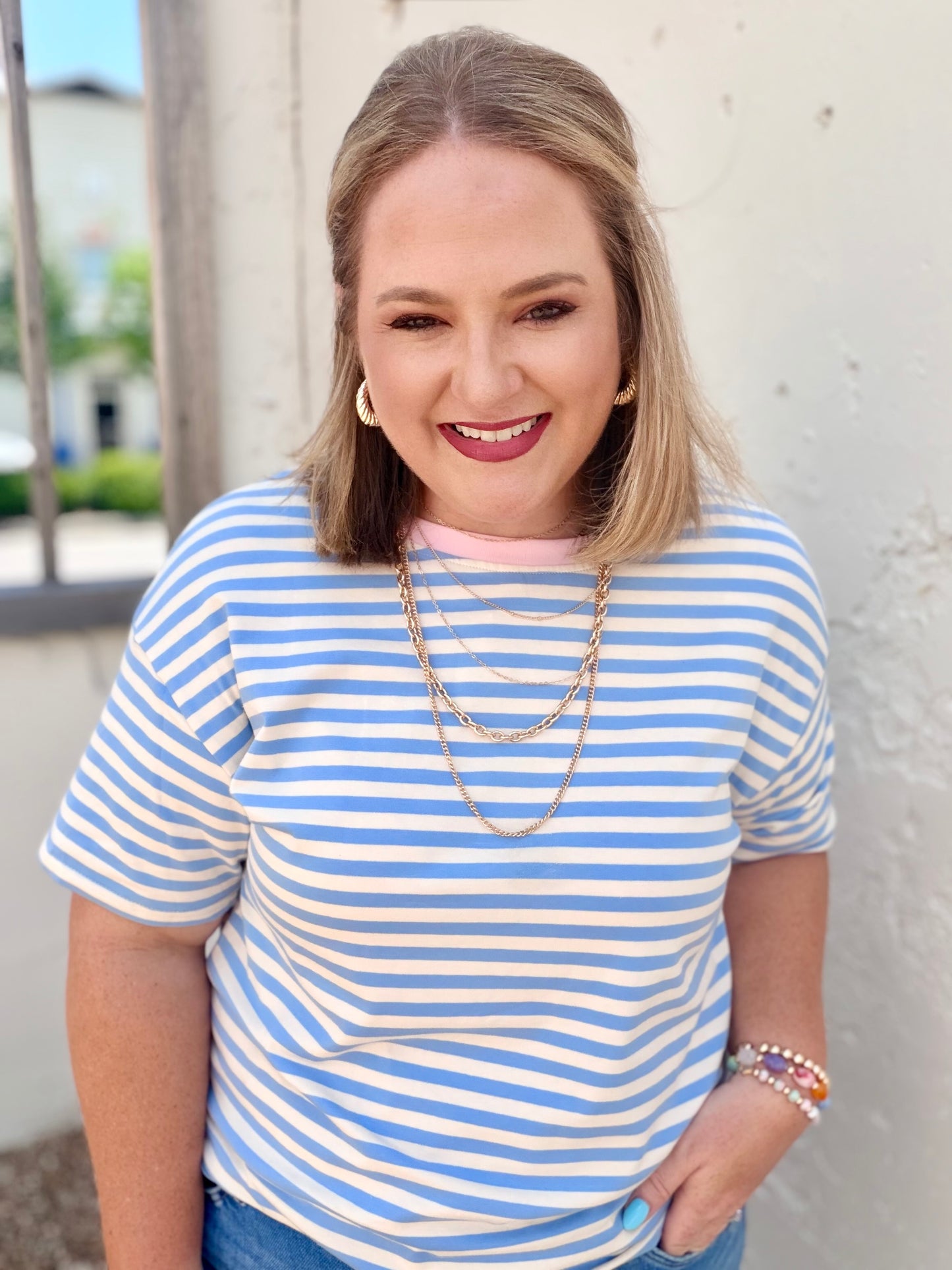 Stripe Contrast Crew Neck Drop Shoulder Tee