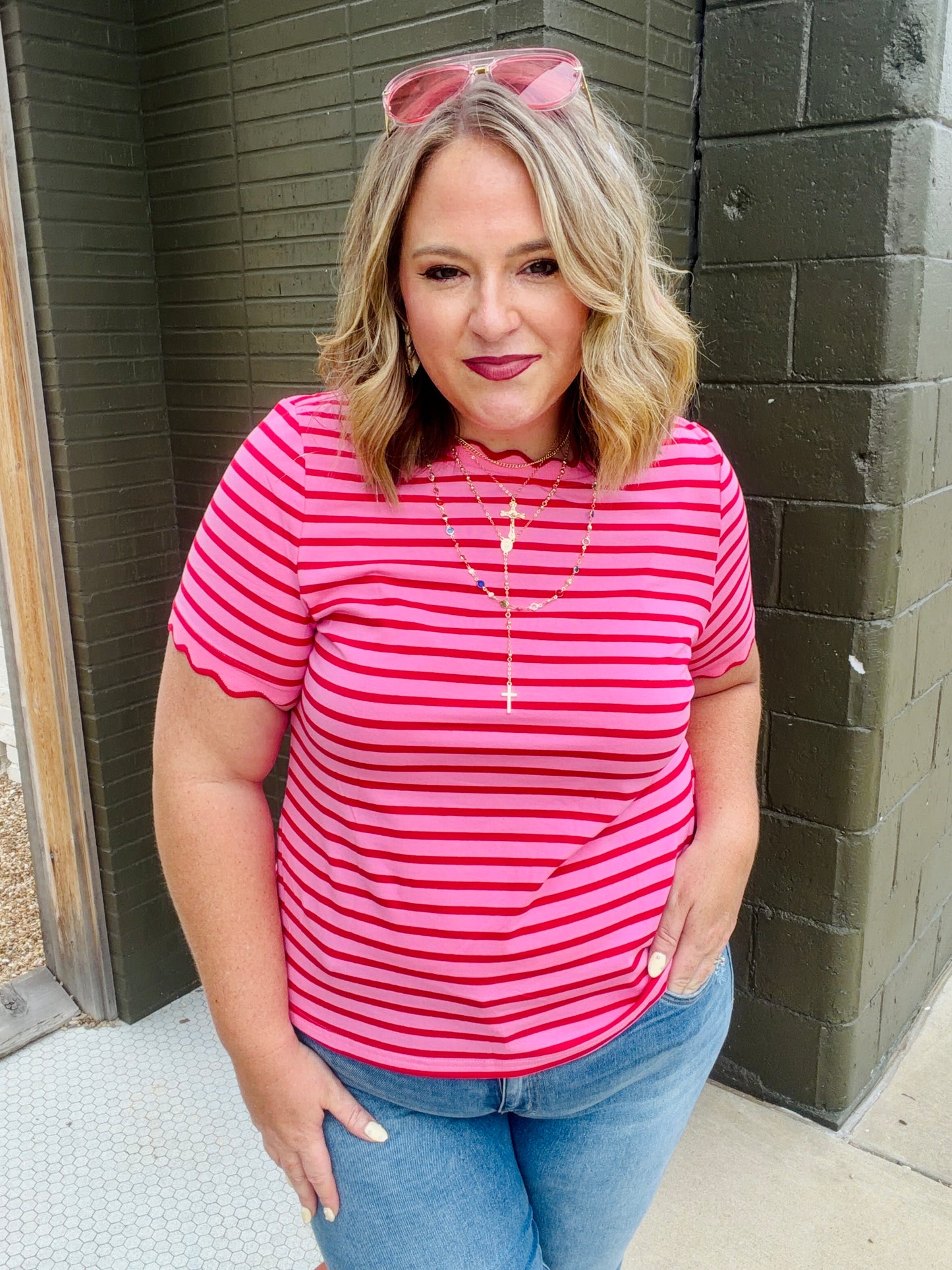 Lennie Stripe Scalloped Top in Red