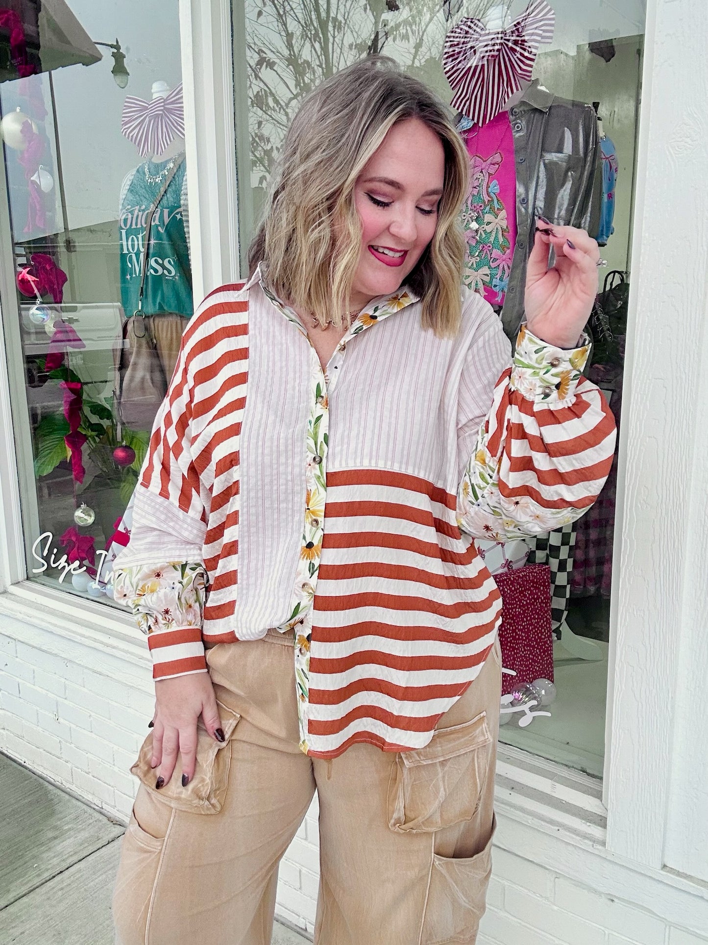 Button-Down Floral Stripe Top