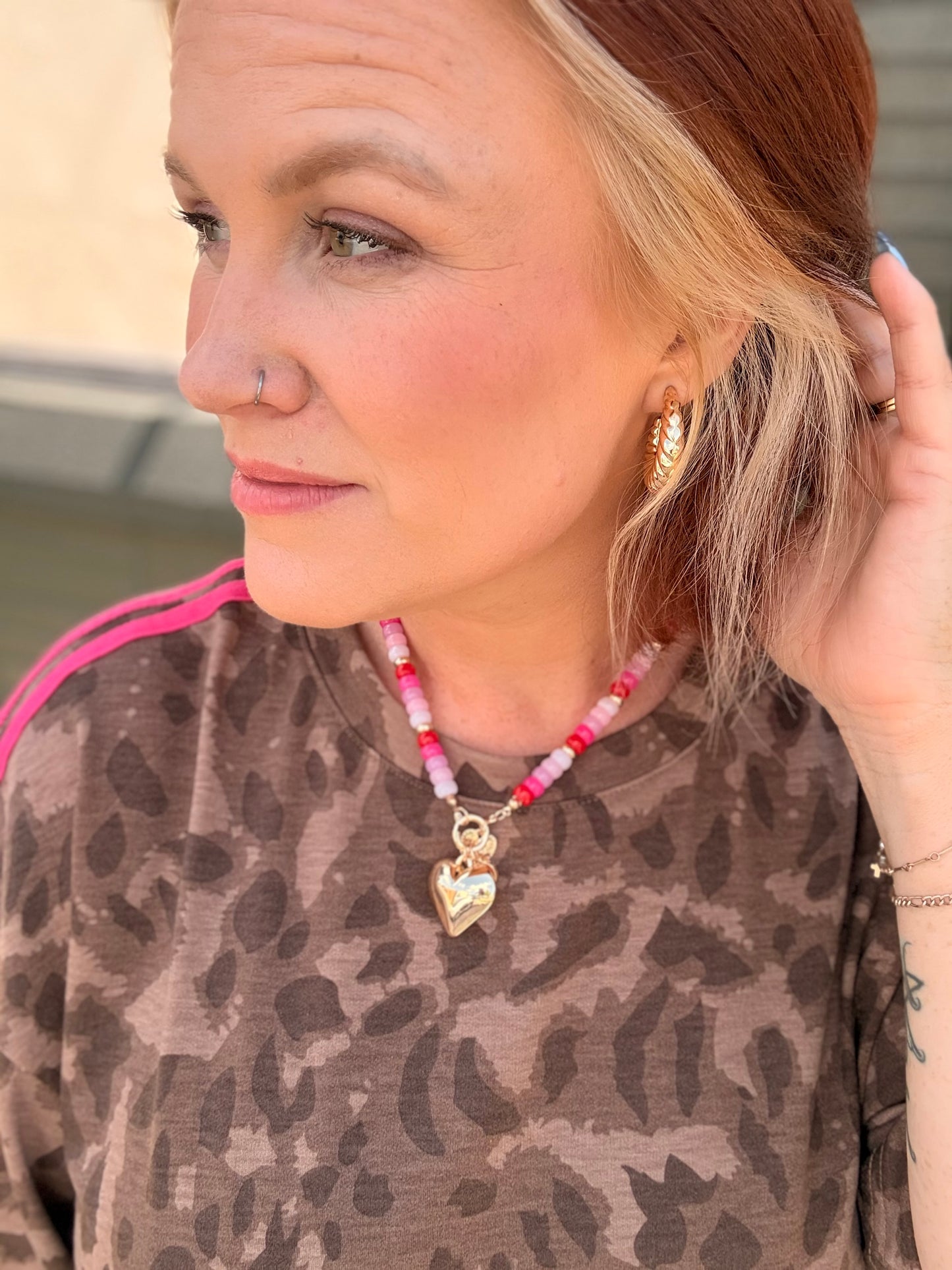 Beaded Porcelain Heart Charm Necklace - Pink