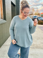 **DOORBUSTER** Karen V Neck Ribbed Top In Blue