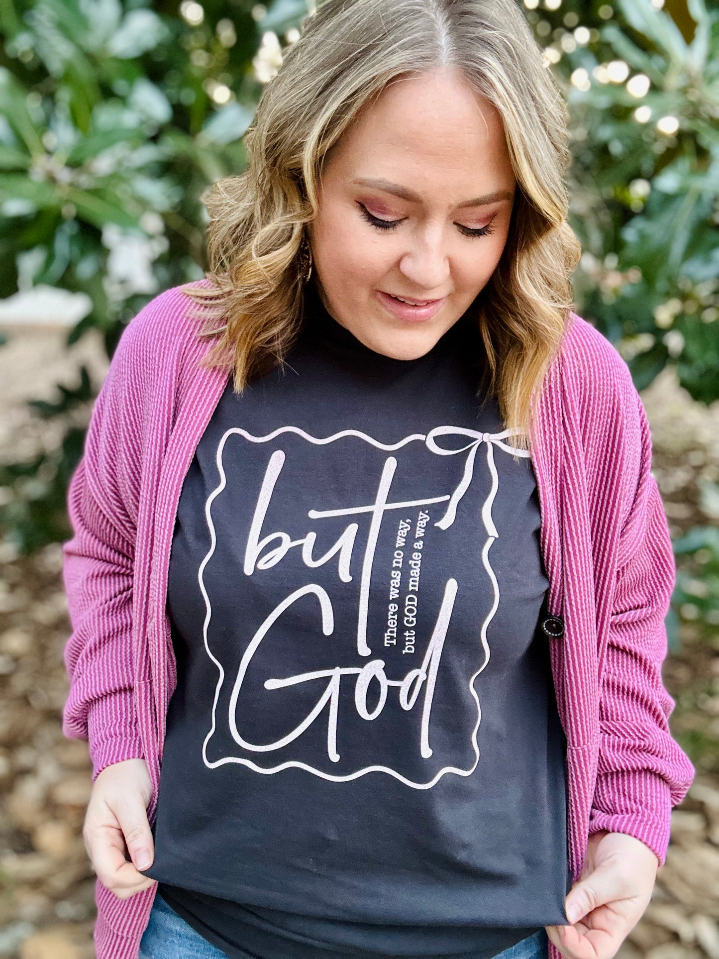 But God Faux Pink Glitter Graphic Tee