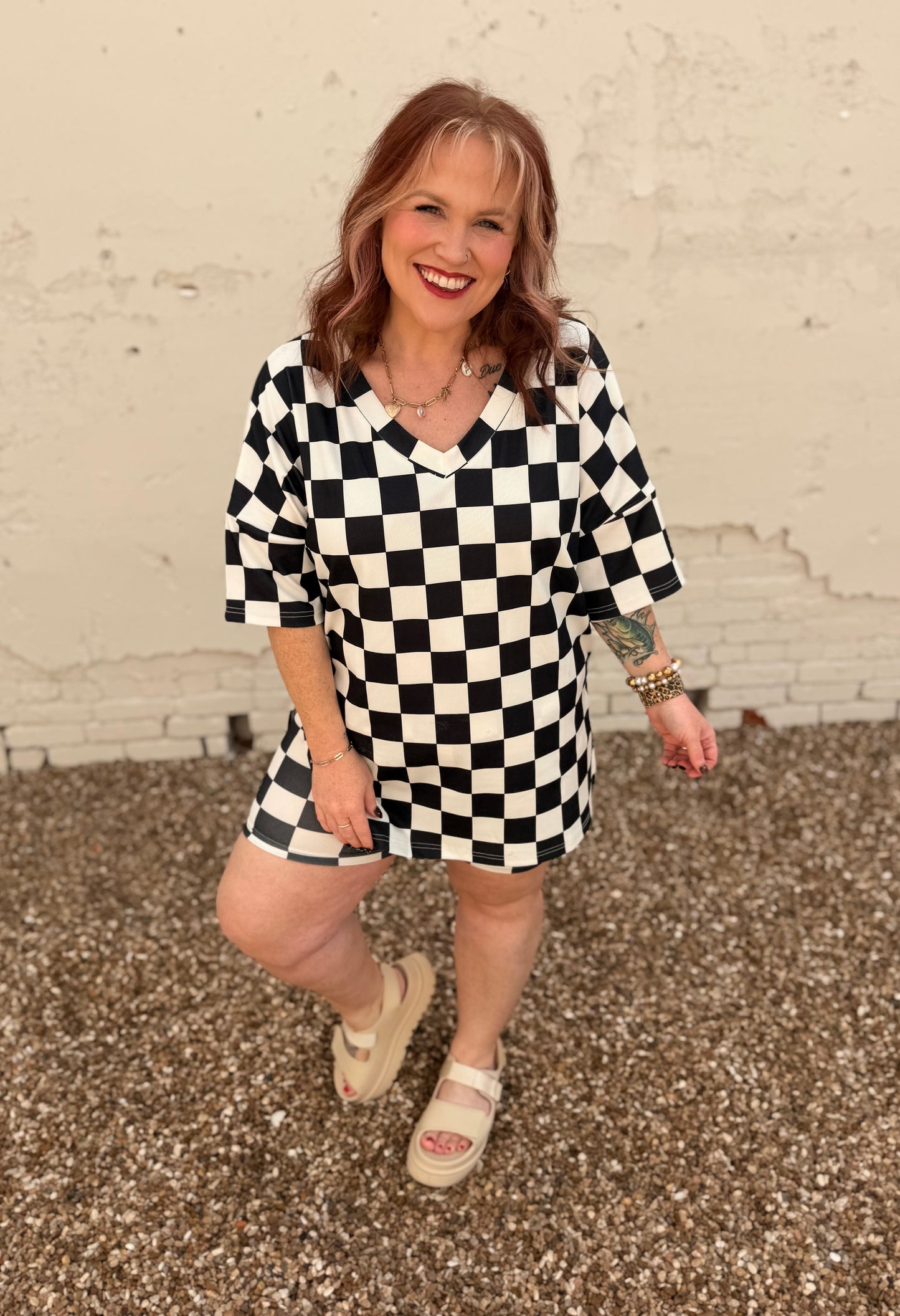 Maci Oversized Checkered V-Neck Top