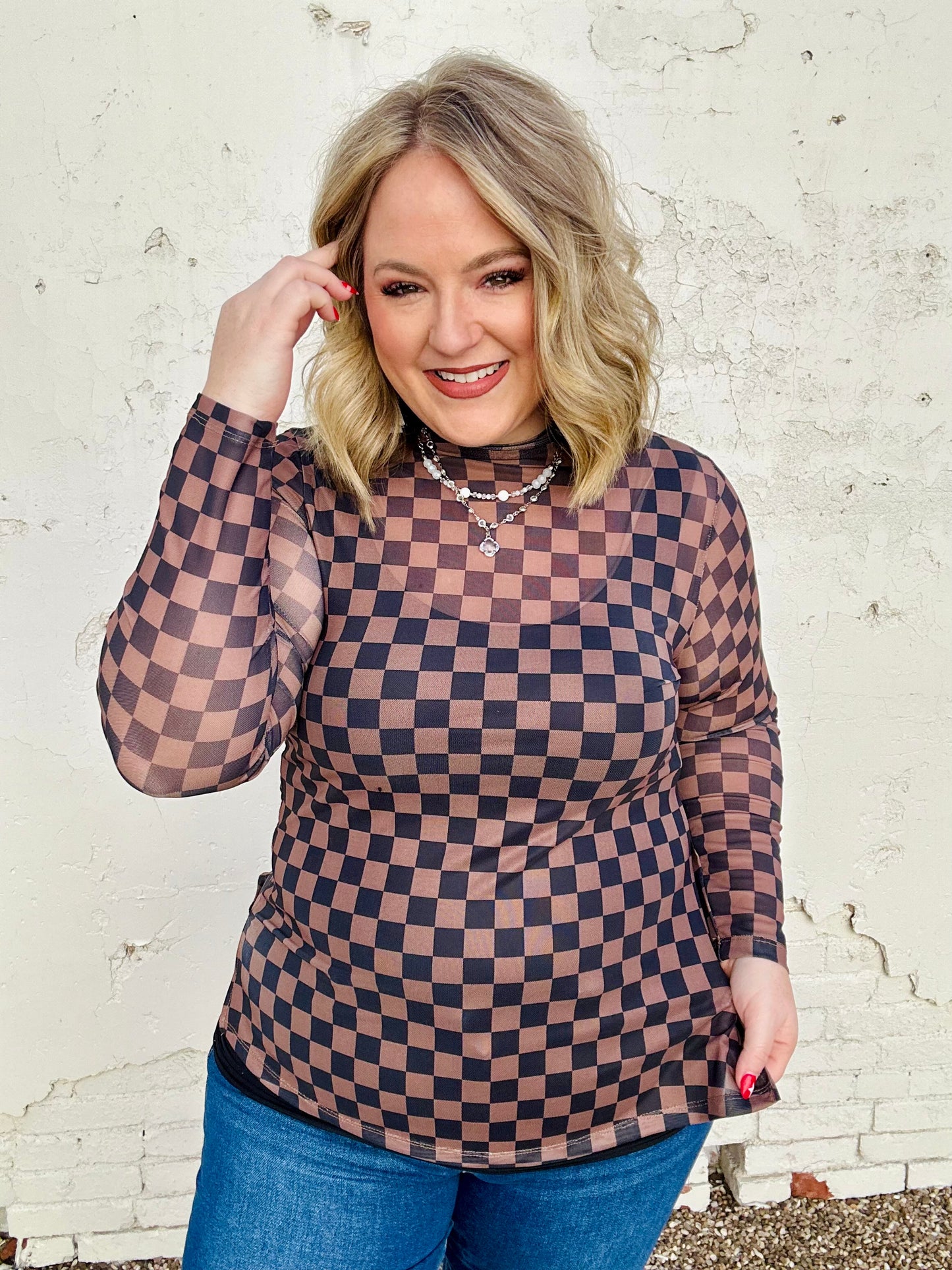 Brown Checkered Mesh Top
