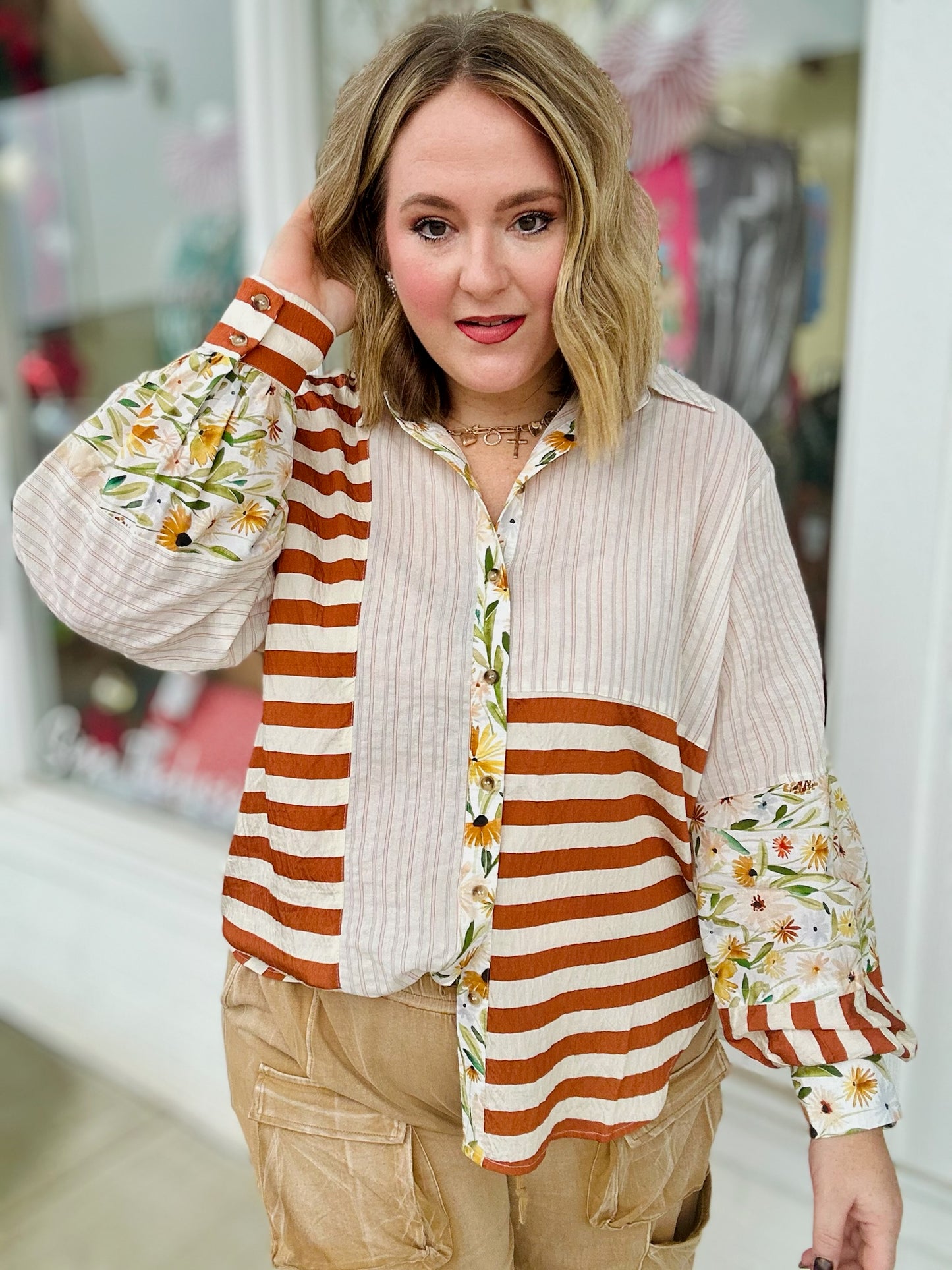 Button-Down Floral Stripe Top