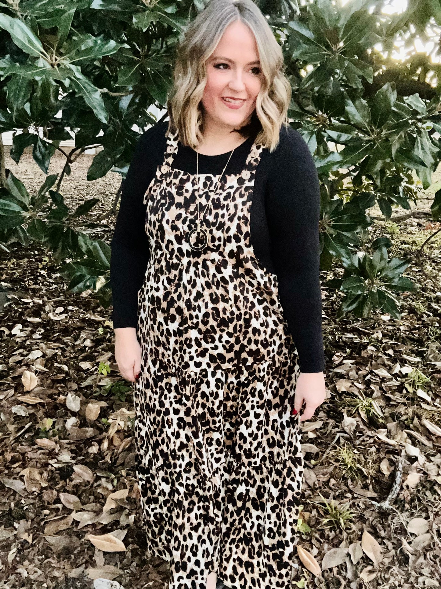 Sam Leopard Overall Tiered Midi Dress