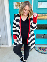 Nelly Striped Draped Cardigan in Black & Red