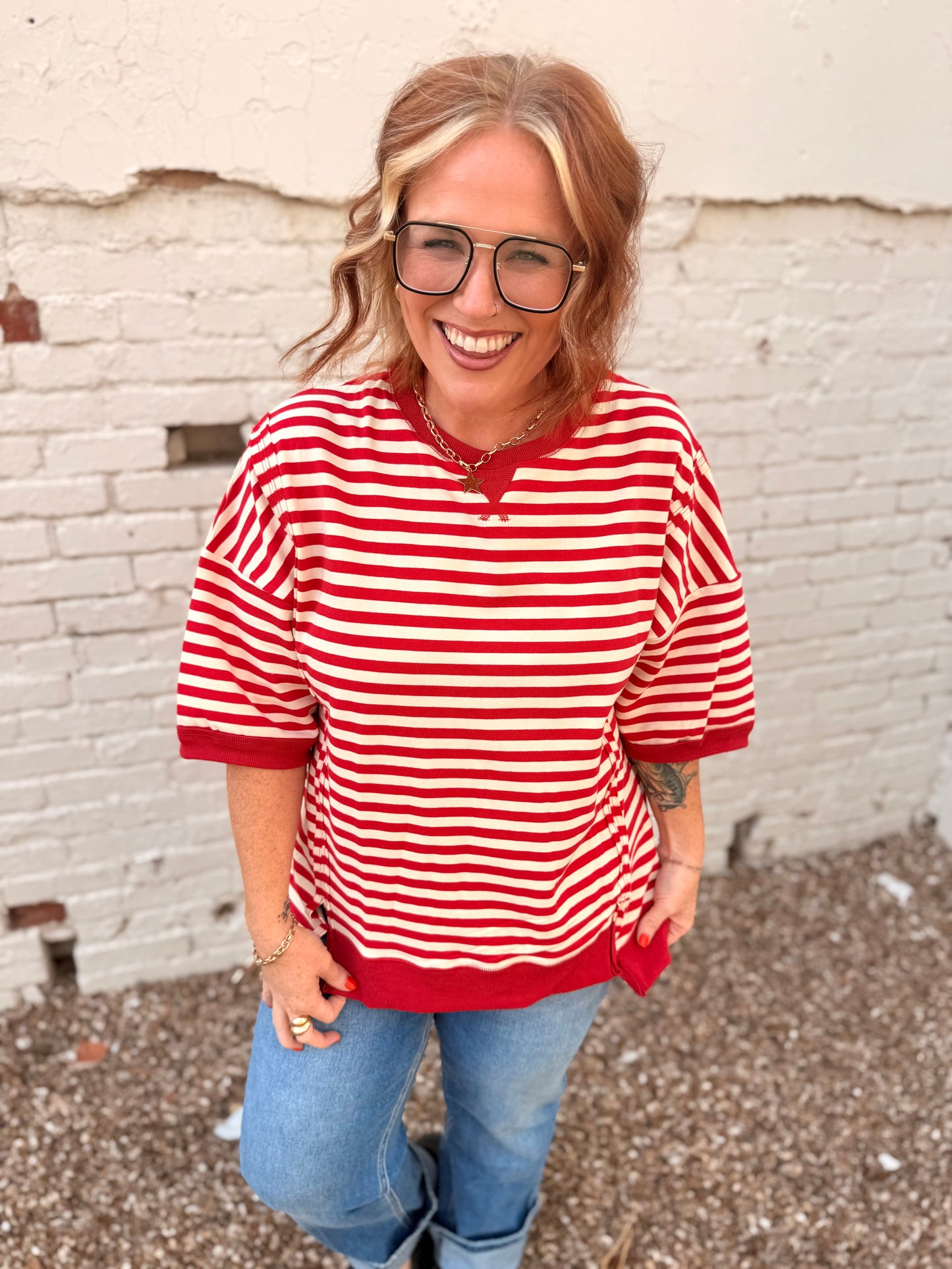 Sarah Oversized Striped Top in Red