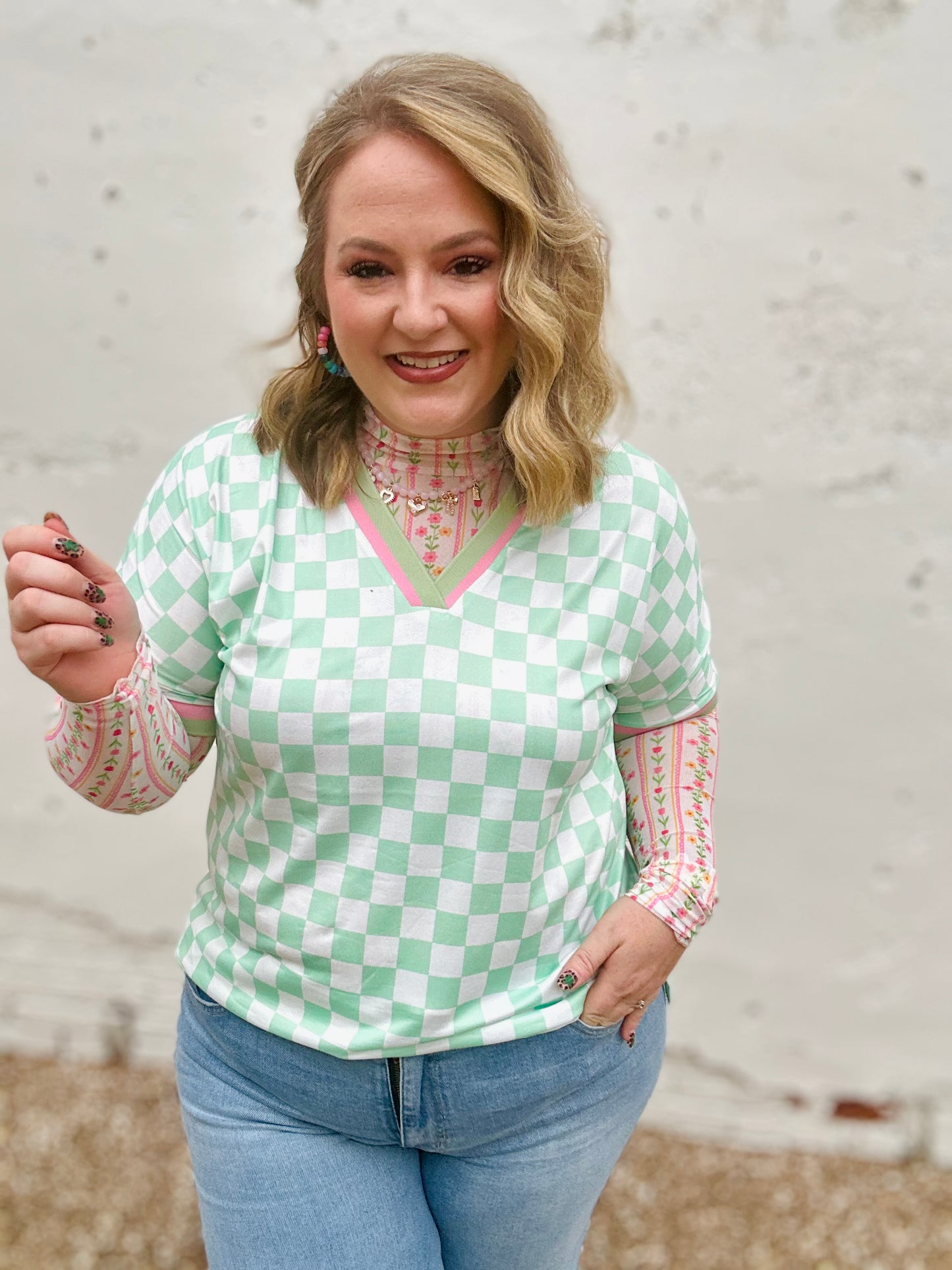 Mint Green Checkered V-Neck