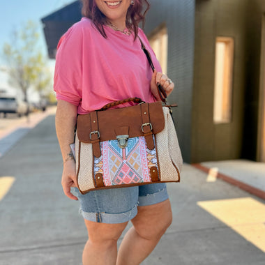Harlow Aztec Embroidered Satchel in Taupe