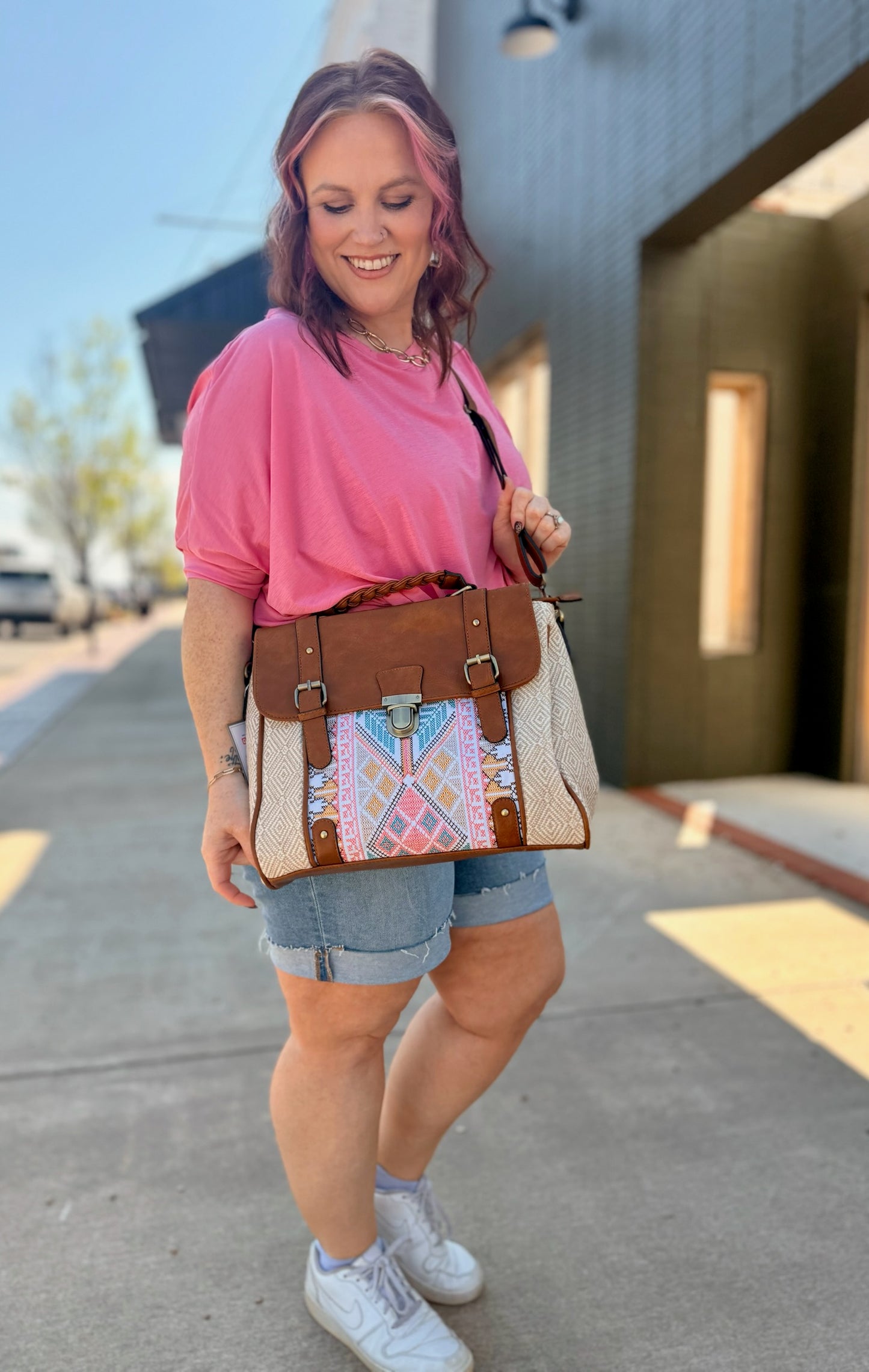 Harlow Aztec Embroidered Satchel in Taupe