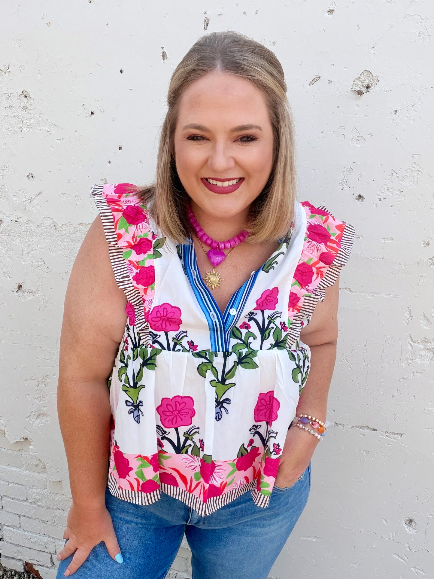 Floral Stripe Trim Buttoned V-Neck Flutter Sleeve Blouse