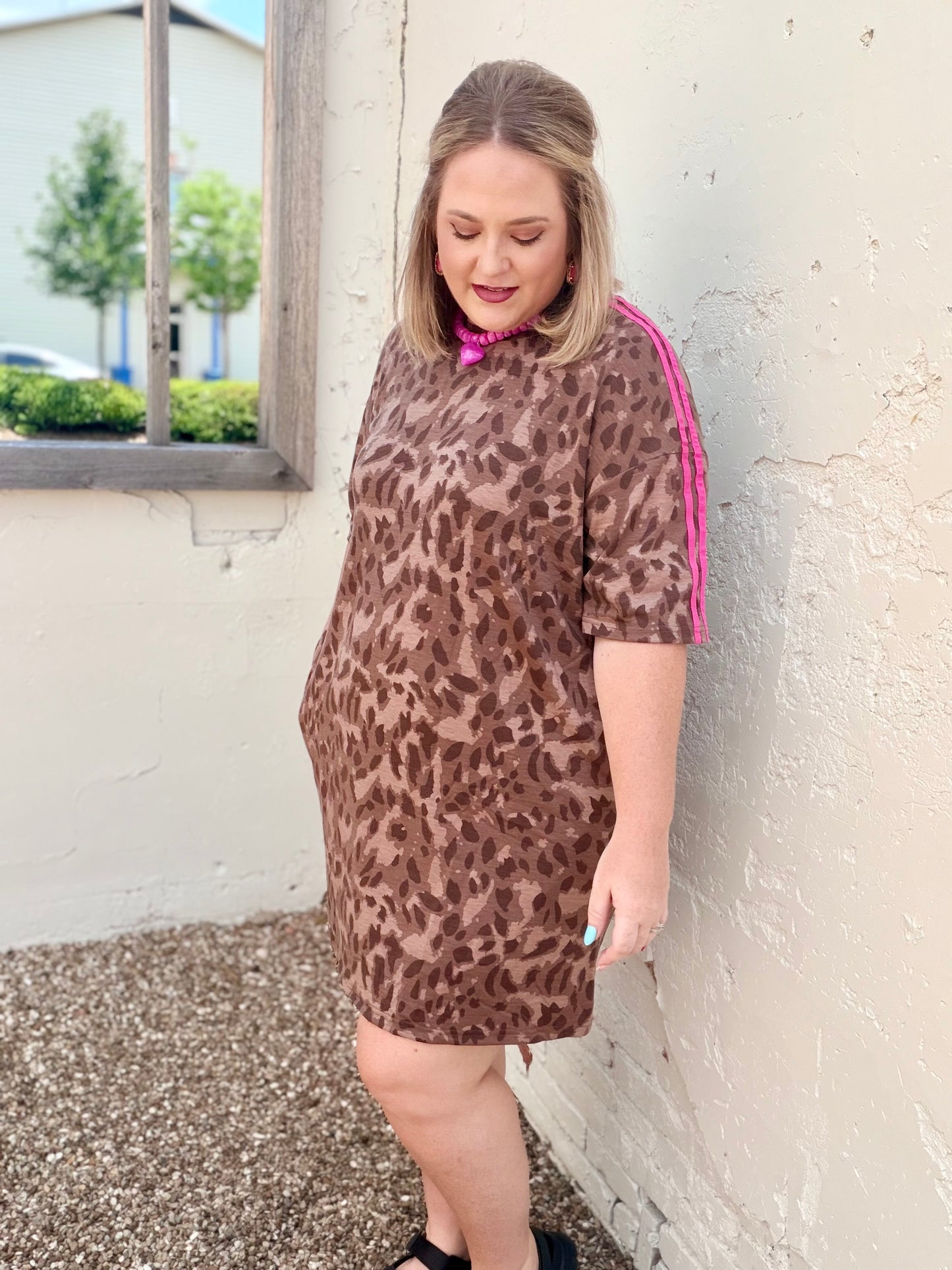 Leopard Contrast Stripe Mini T-Shirt Dress