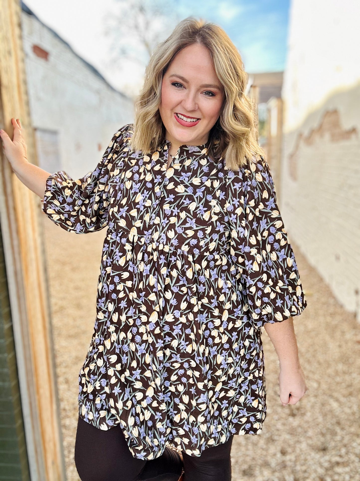 Floral Corduroy Puff Sleeve Babydoll Dress