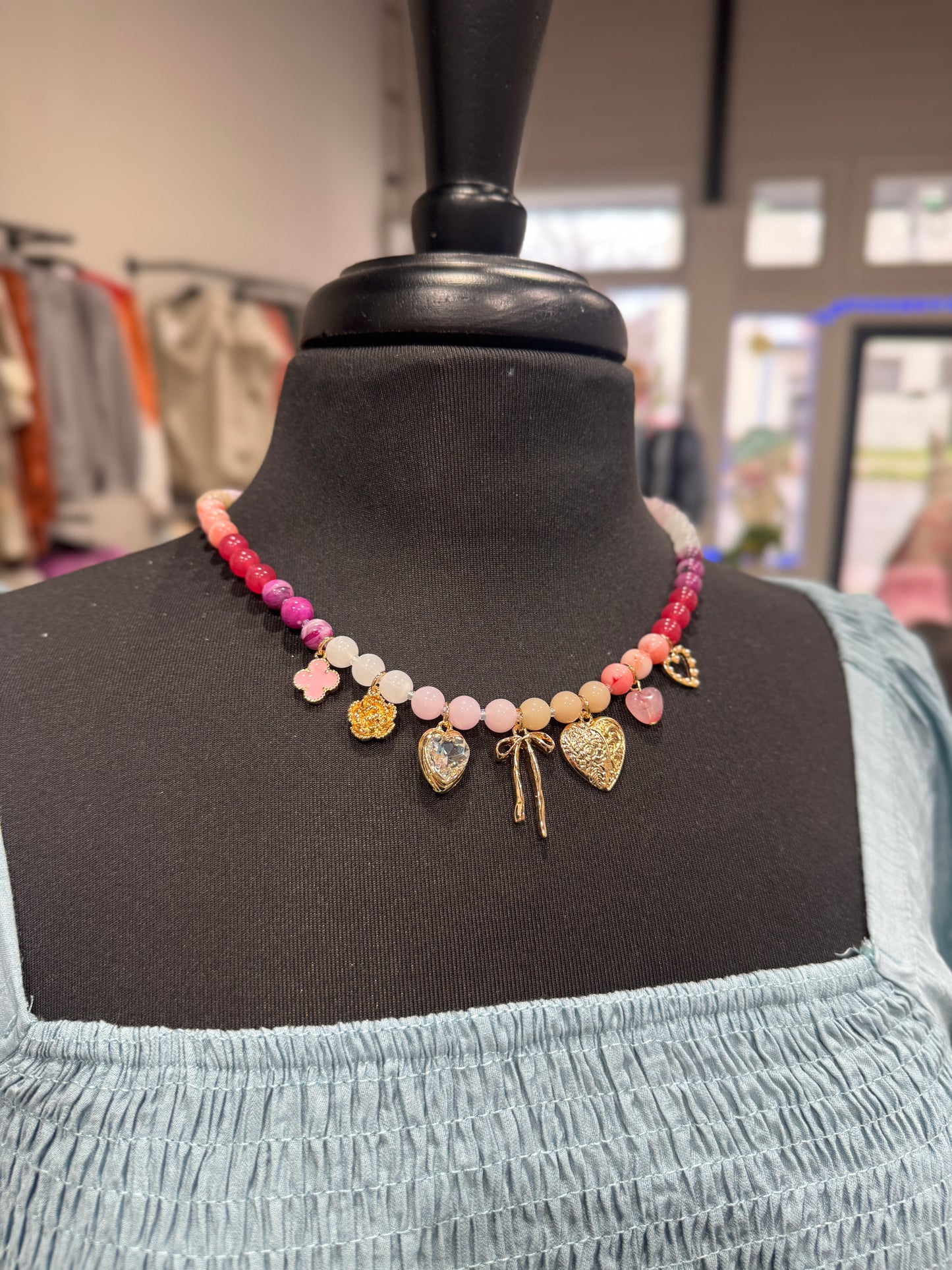 Pink Beaded Charm Necklace