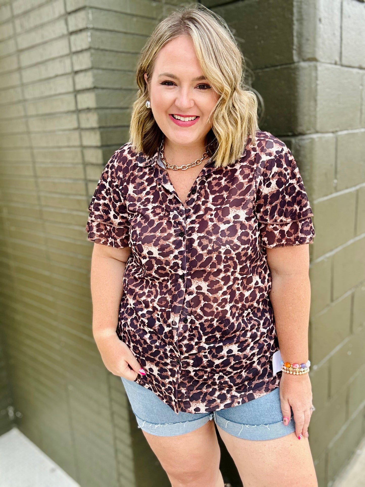 Mesh Leopard Button Down