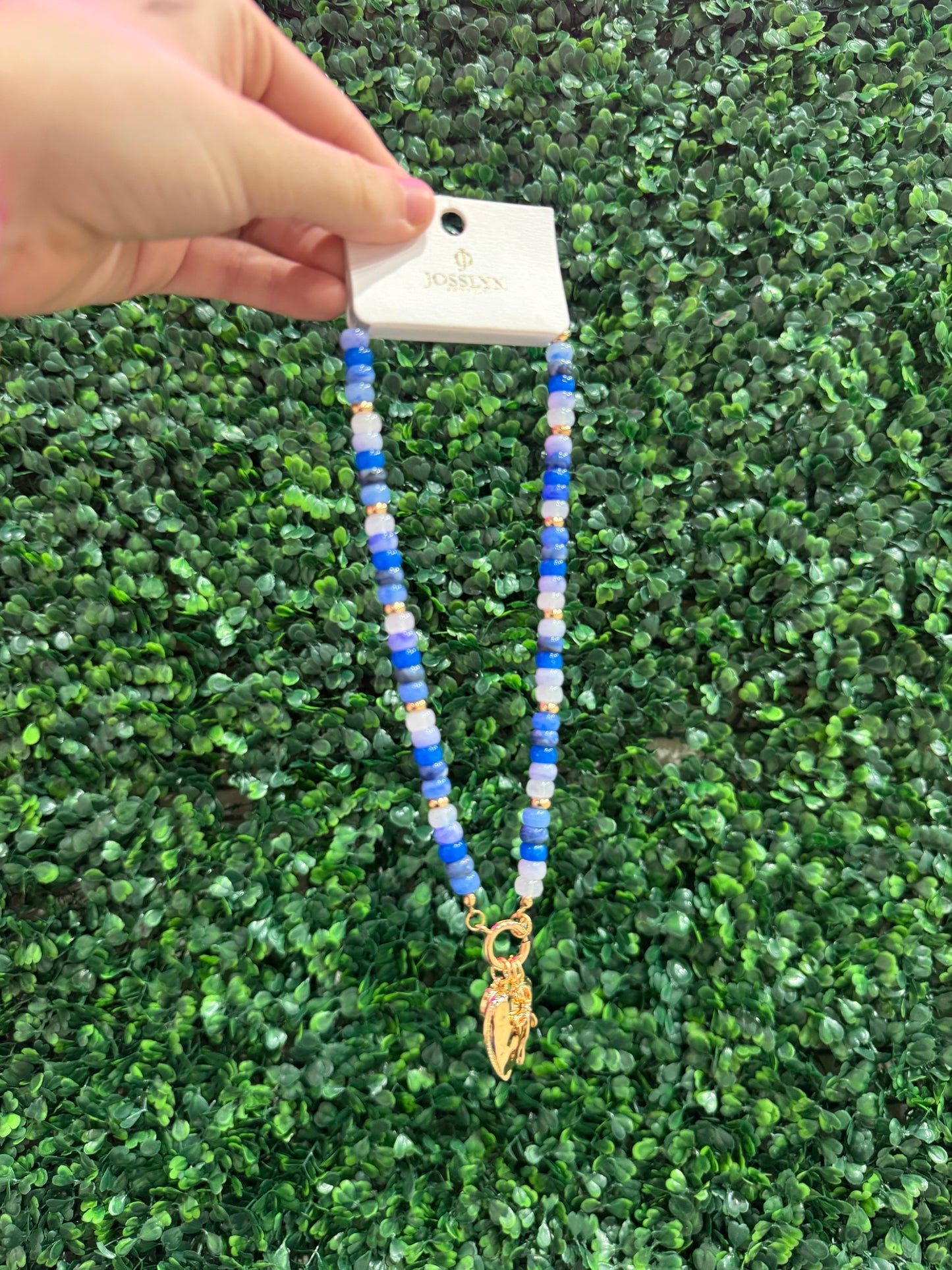 Beaded Porcelain Heart Charm Necklace -Blue
