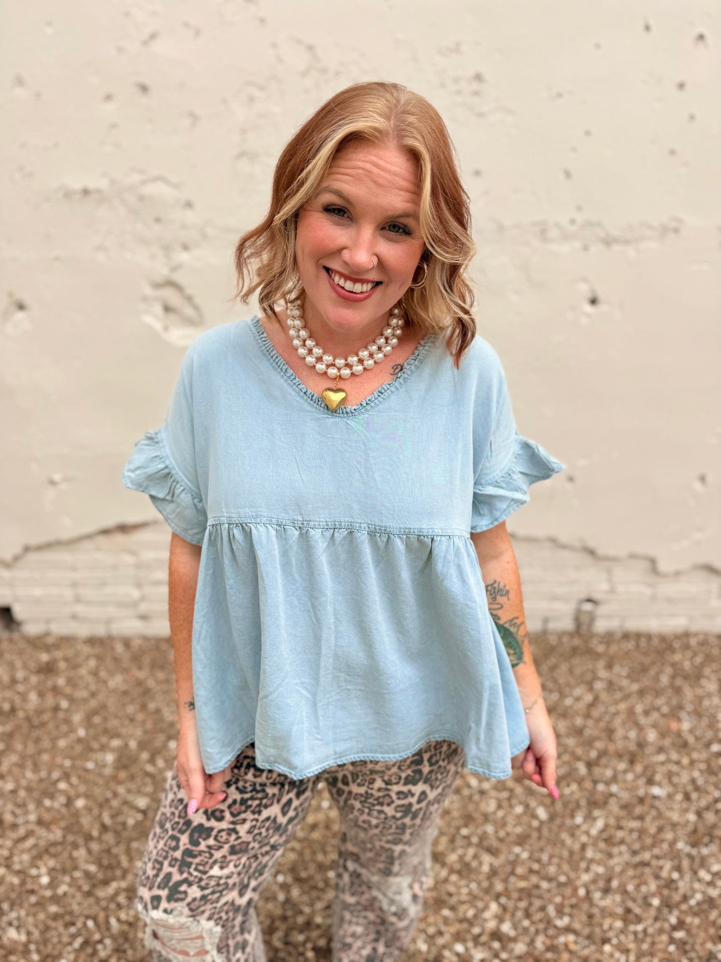 Reba Double V Neck Denim Top