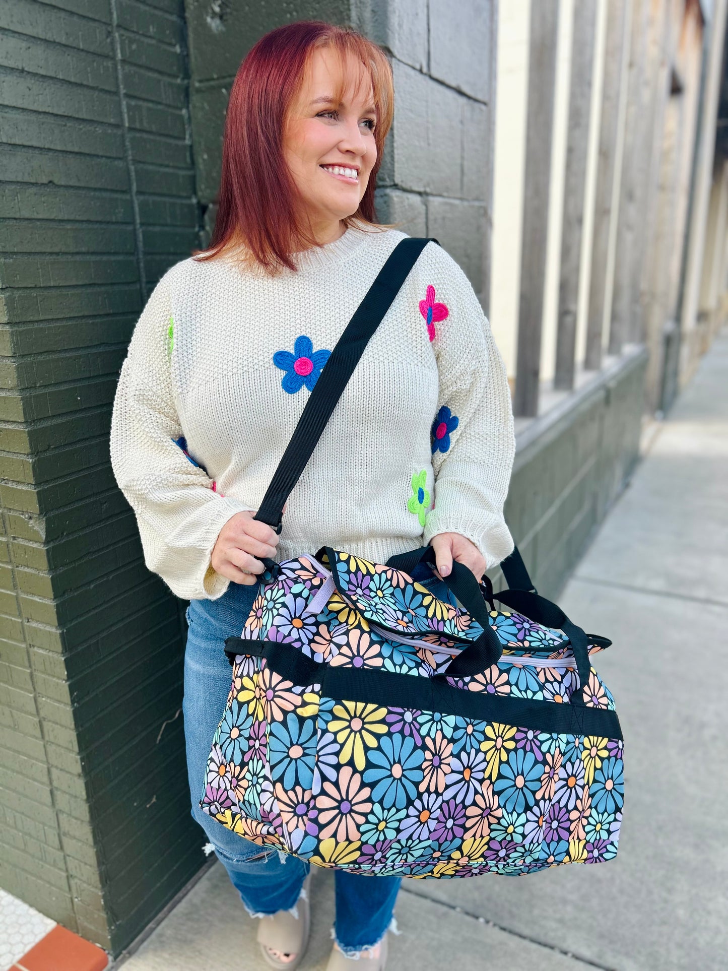 Black Daisy Floral Canvas Duffle Bag