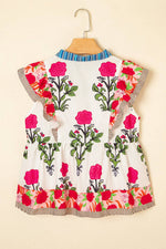 Floral Stripe Trim Buttoned V-Neck Flutter Sleeve Blouse