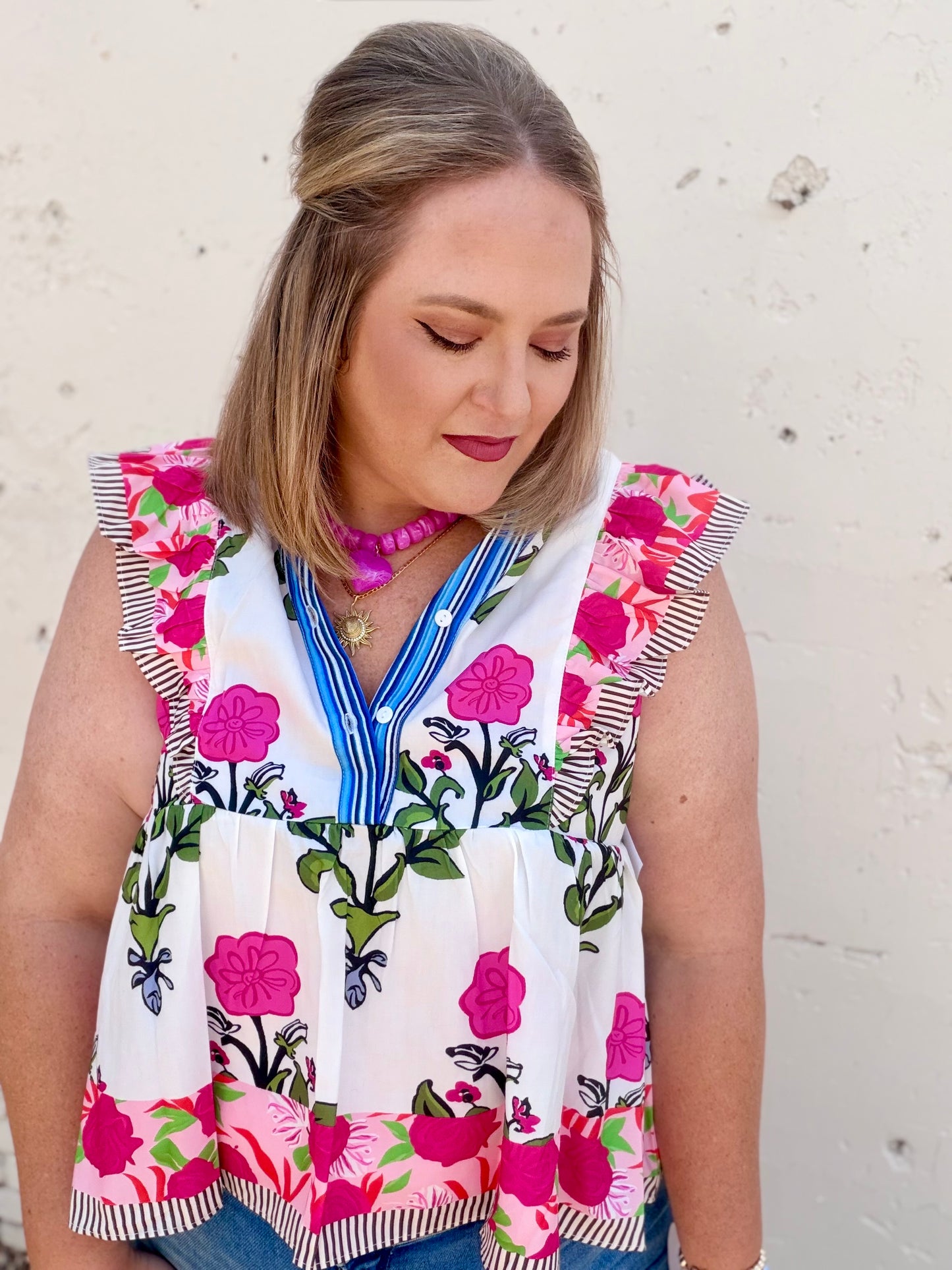 Floral Stripe Trim Buttoned V-Neck Flutter Sleeve Blouse