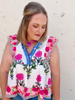 Floral Stripe Trim Buttoned V-Neck Flutter Sleeve Blouse