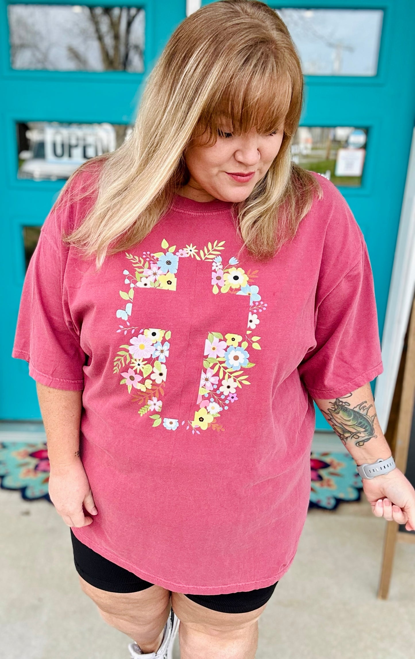 Floral Cross Tee on Comfort Colors