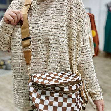 Checkered Nylon Oversized Fanny in Brown