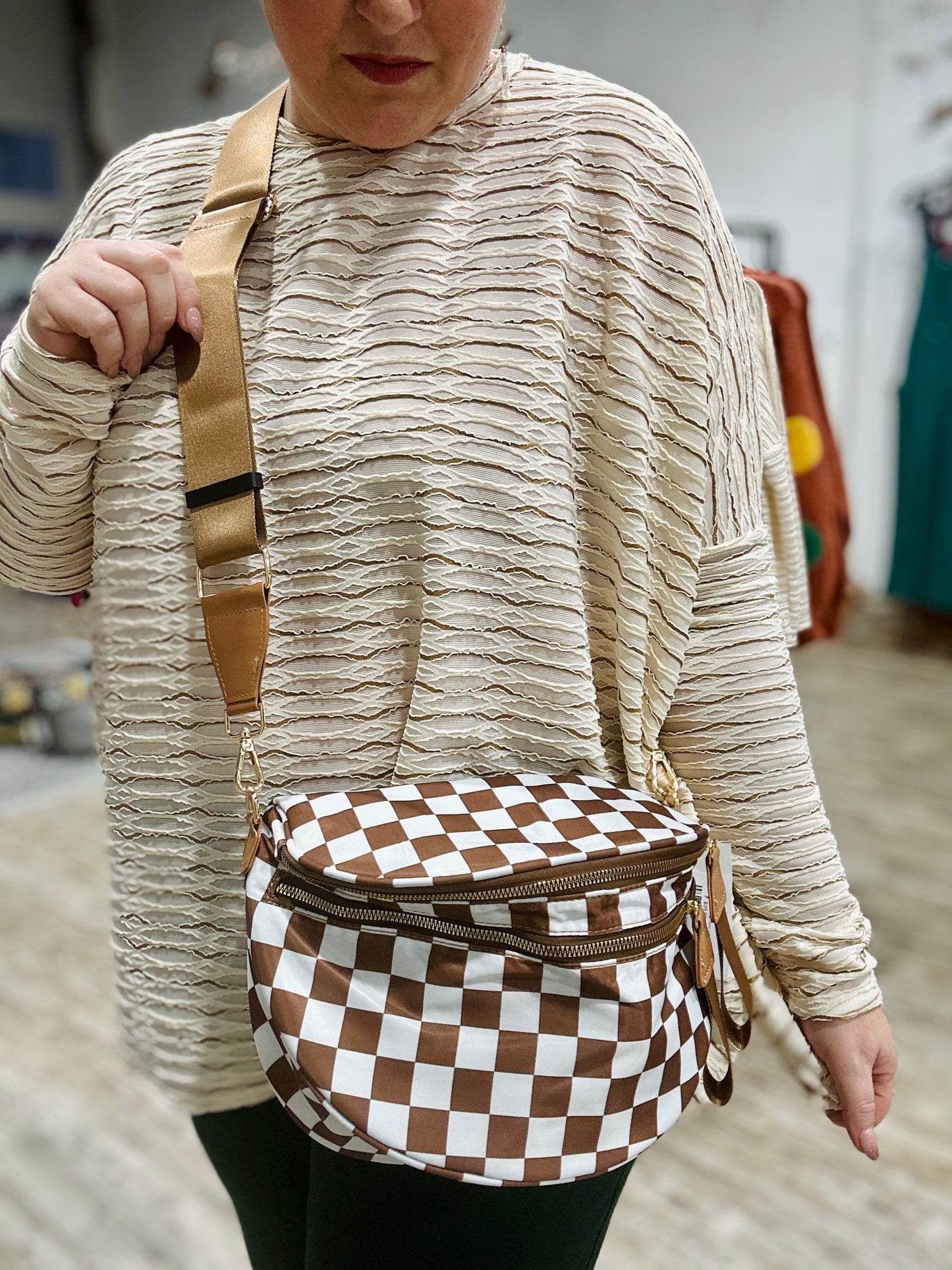 Checkered Nylon Oversized Fanny in Brown