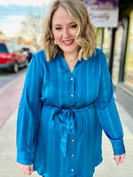 Tina Texture Satin Shirt Dress in Blue